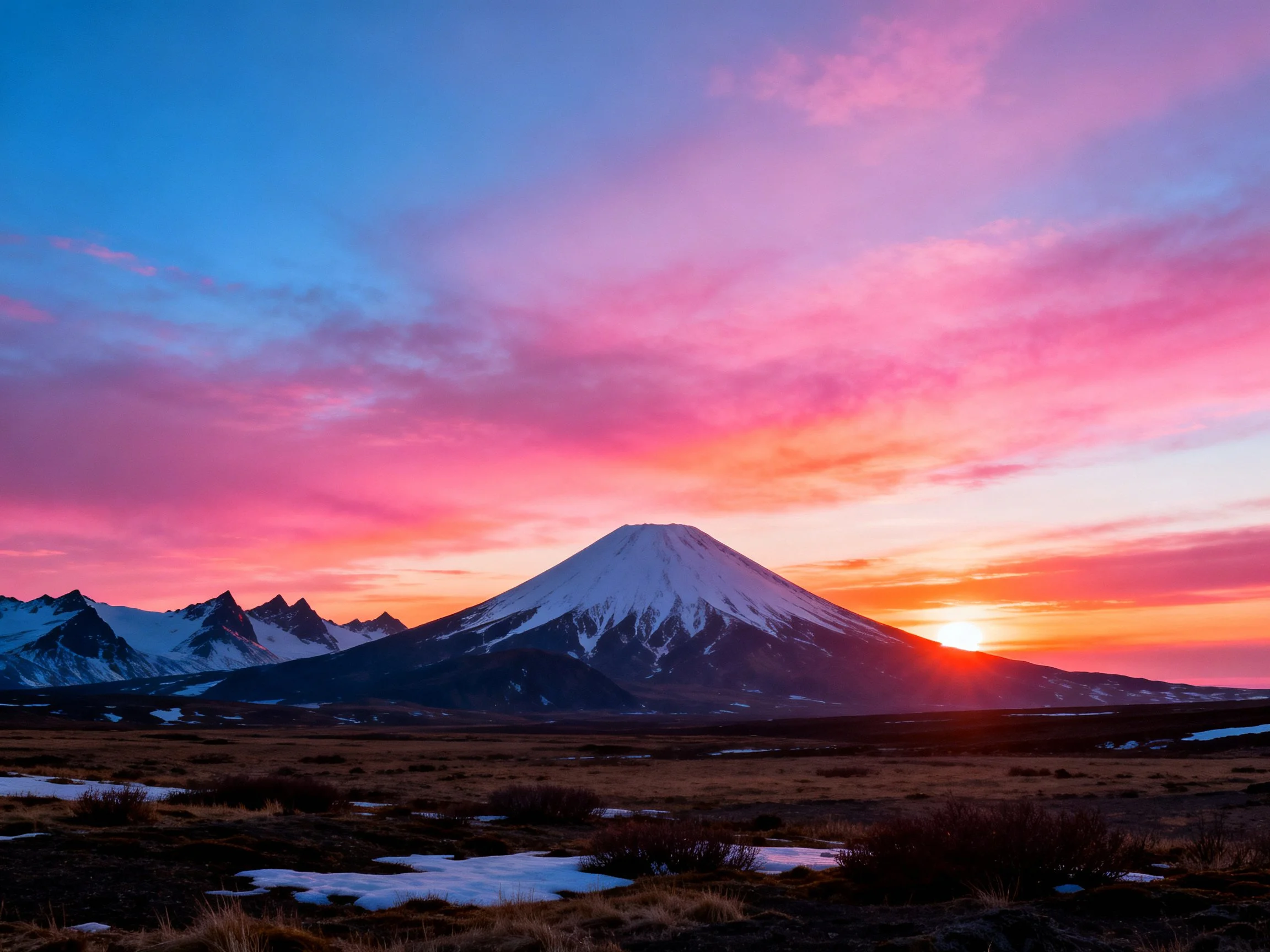 Vibrant sunset over snow-capped mountain with pink and blue skies