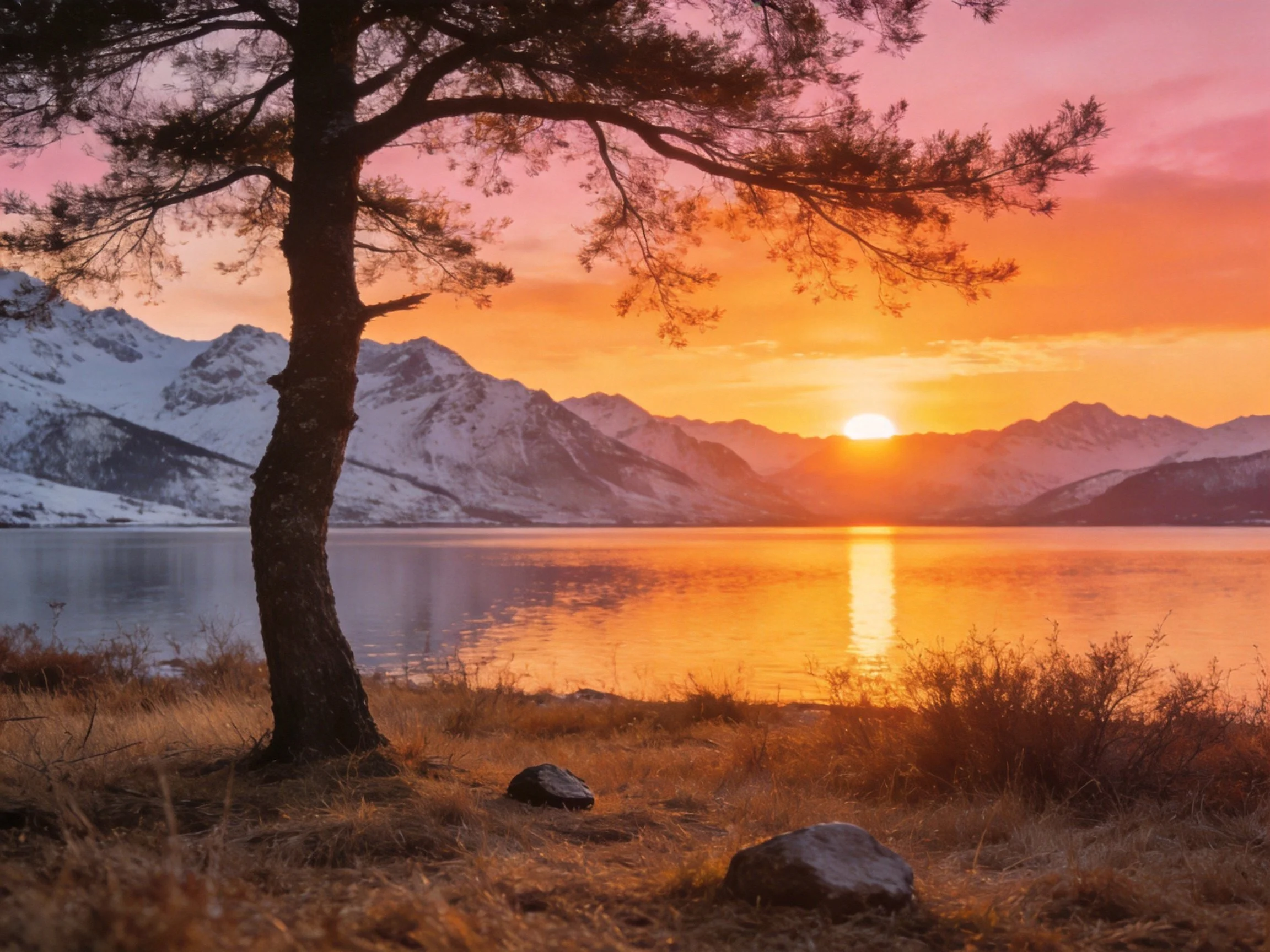Vibrant sunset over snow-capped mountains near calm lake