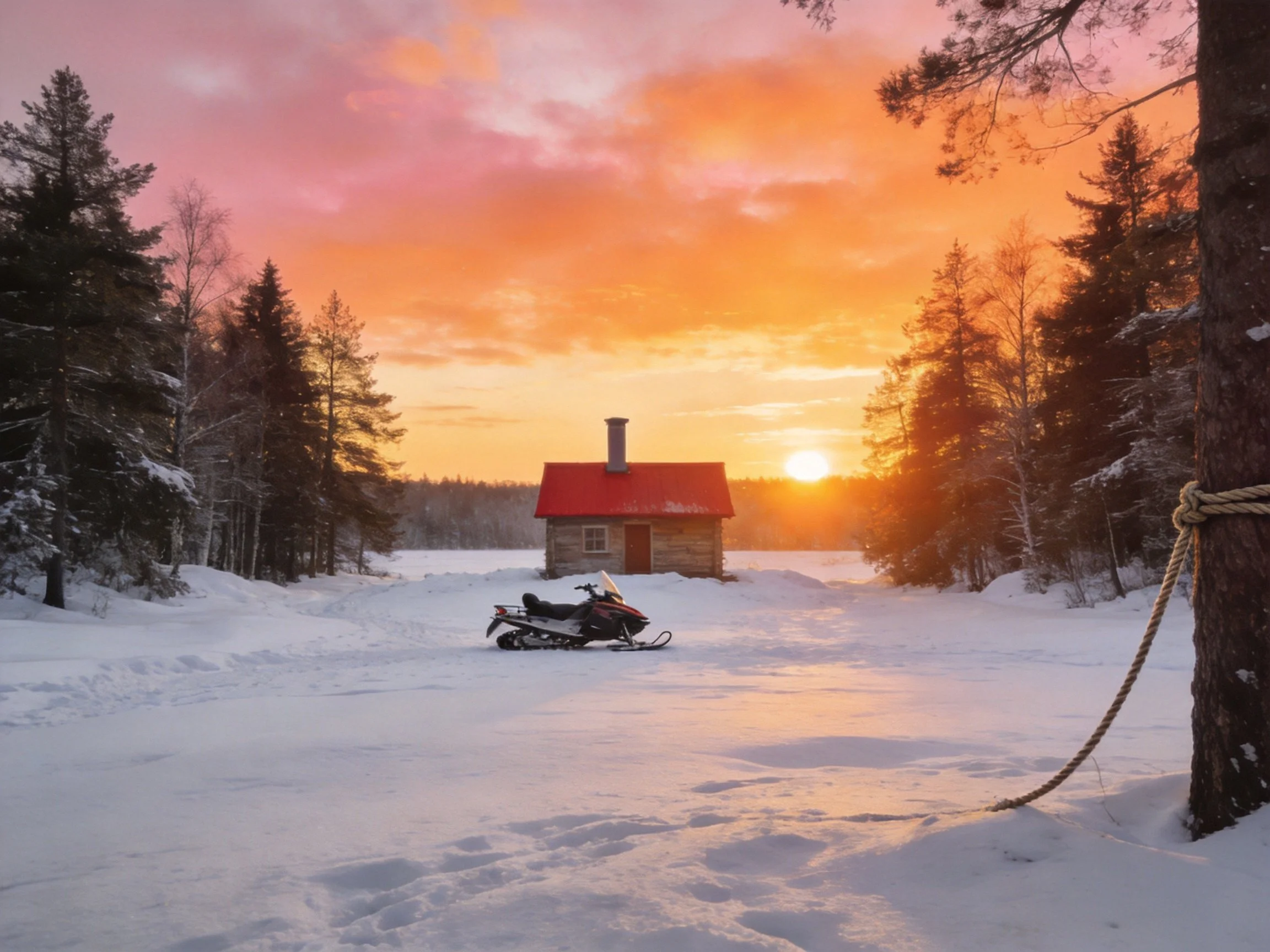 Vibrant sunset over snowy forest with red-roofed cabin and snowmobile
