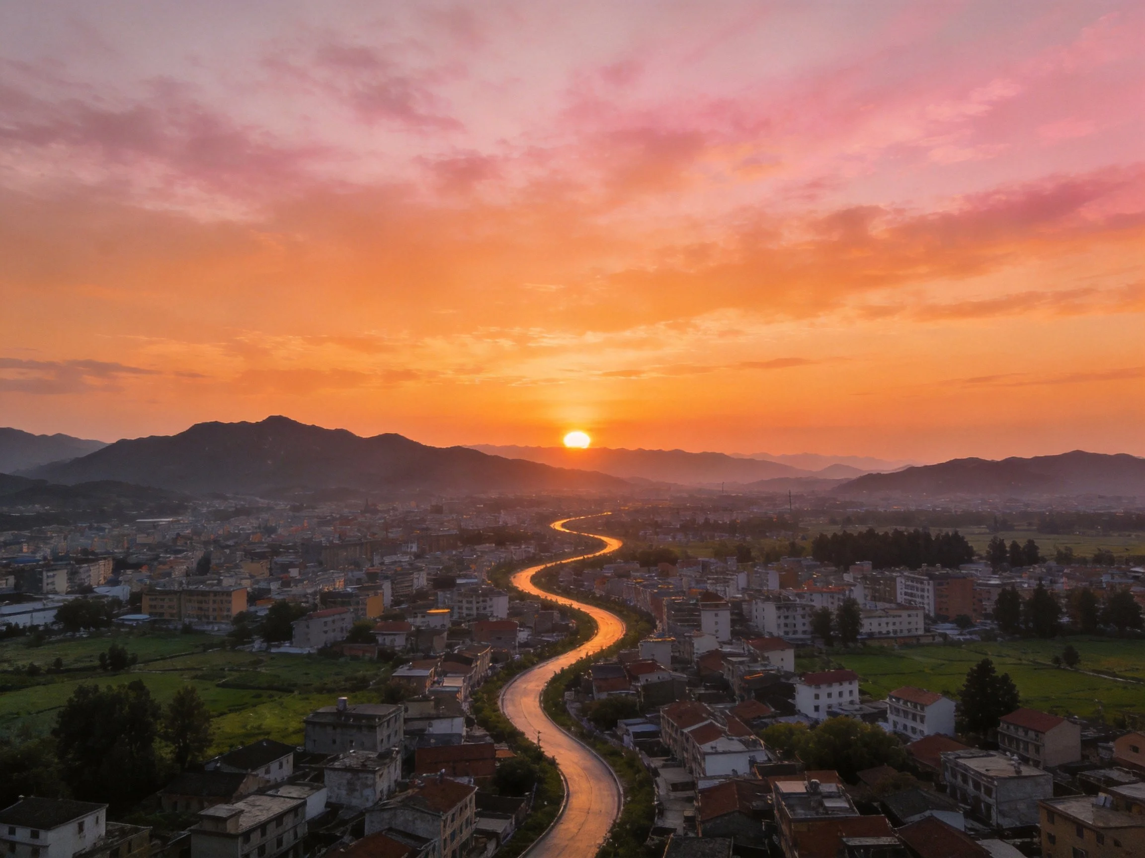 Vibrant sunset over town with winding river and mountain backdrop
