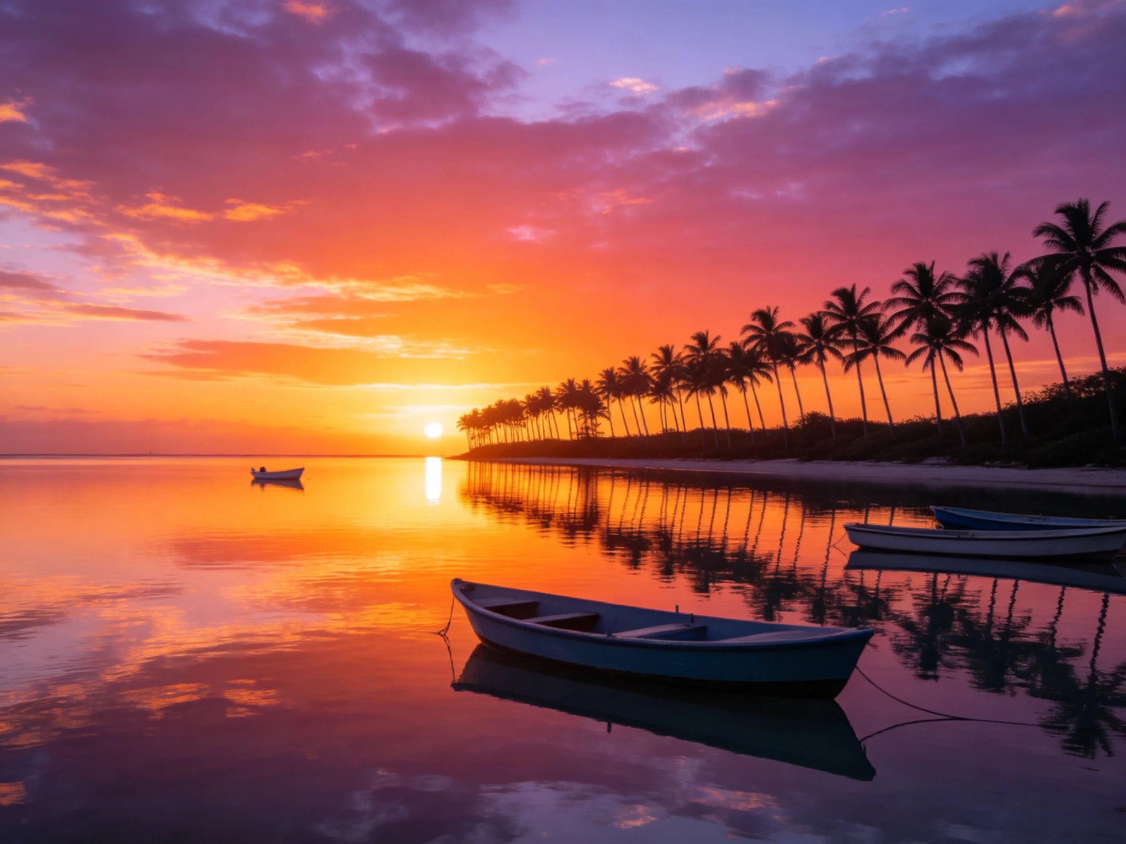 Vibrant sunset over tropical beach with palm trees and anchored boats