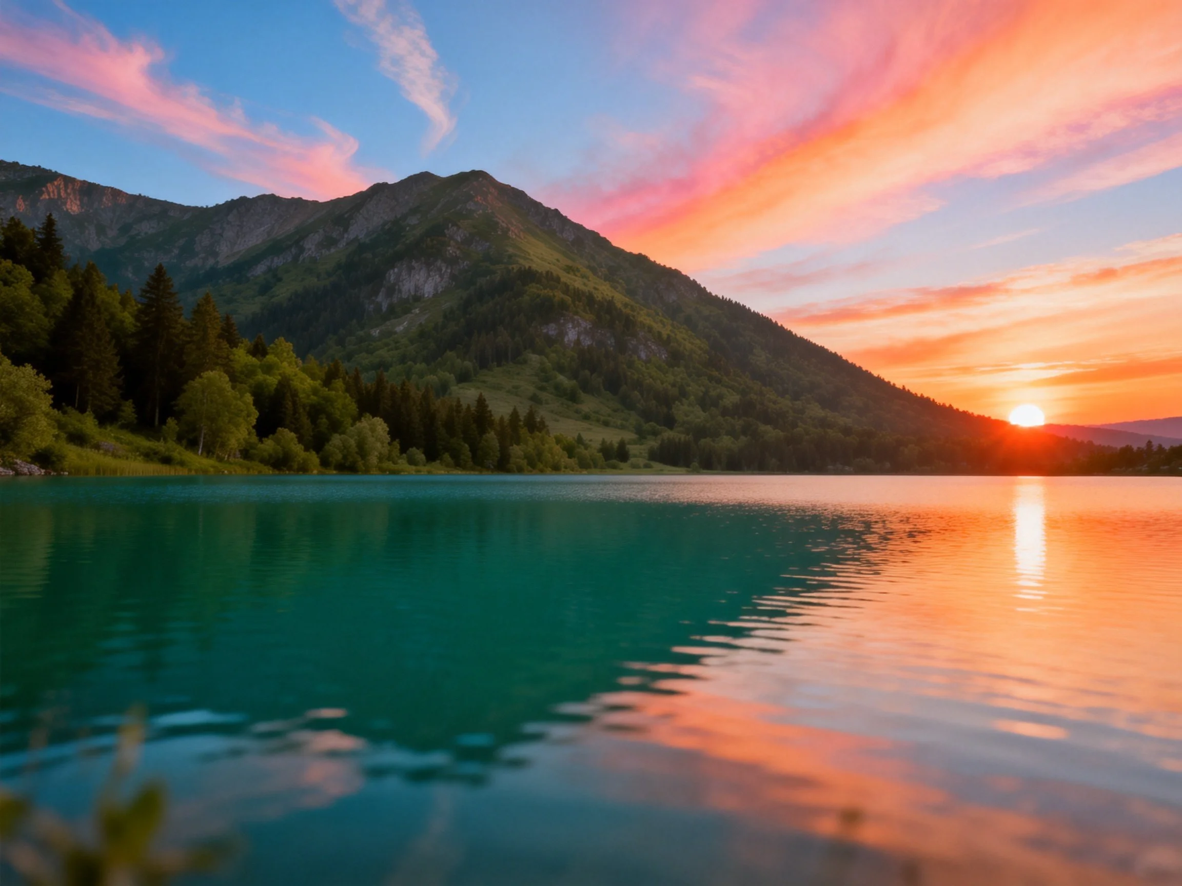 Vibrant sunset over turquoise lake with forested mountain backdrop