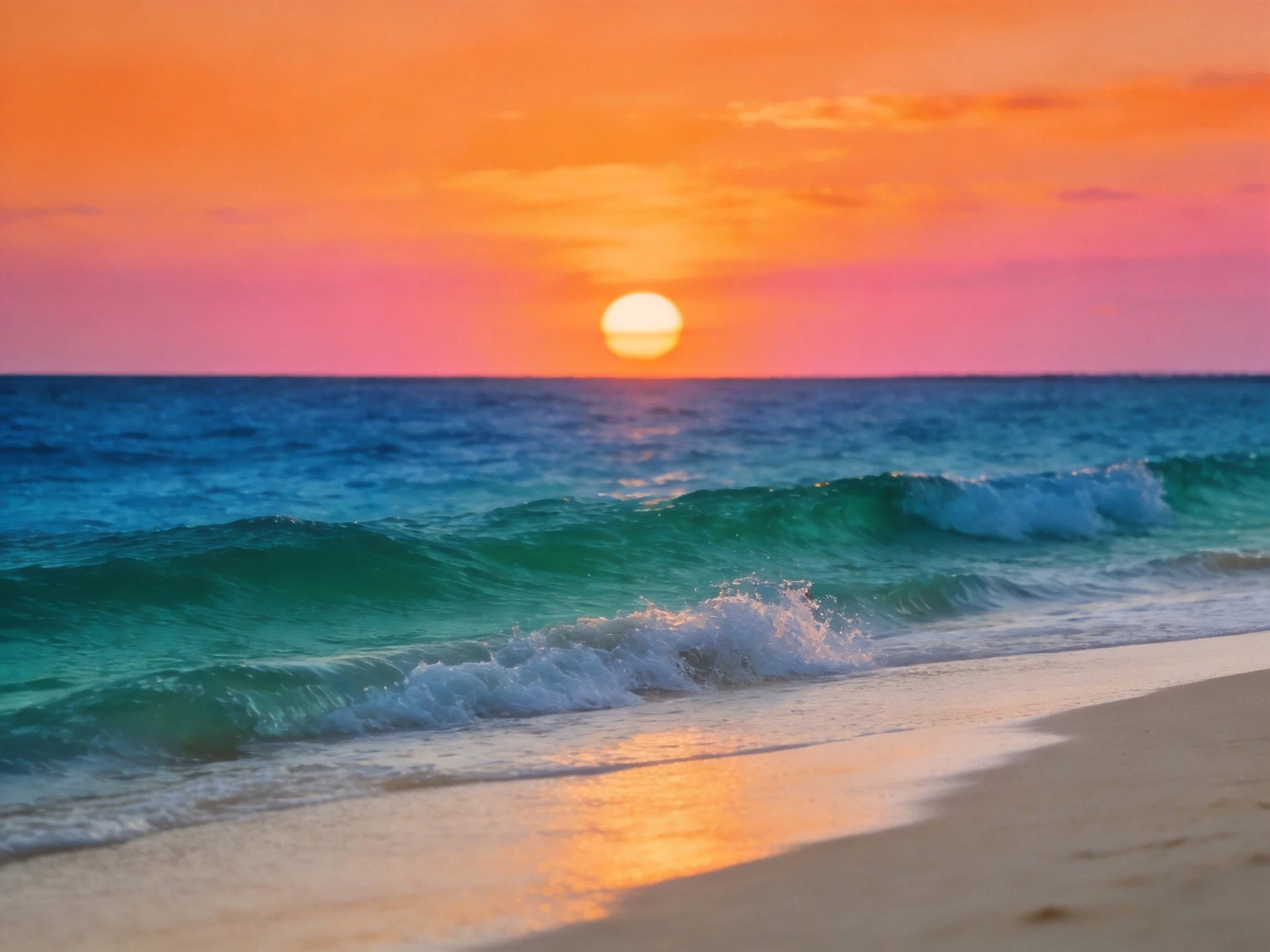 Vibrant sunset over turquoise ocean waves on golden sand