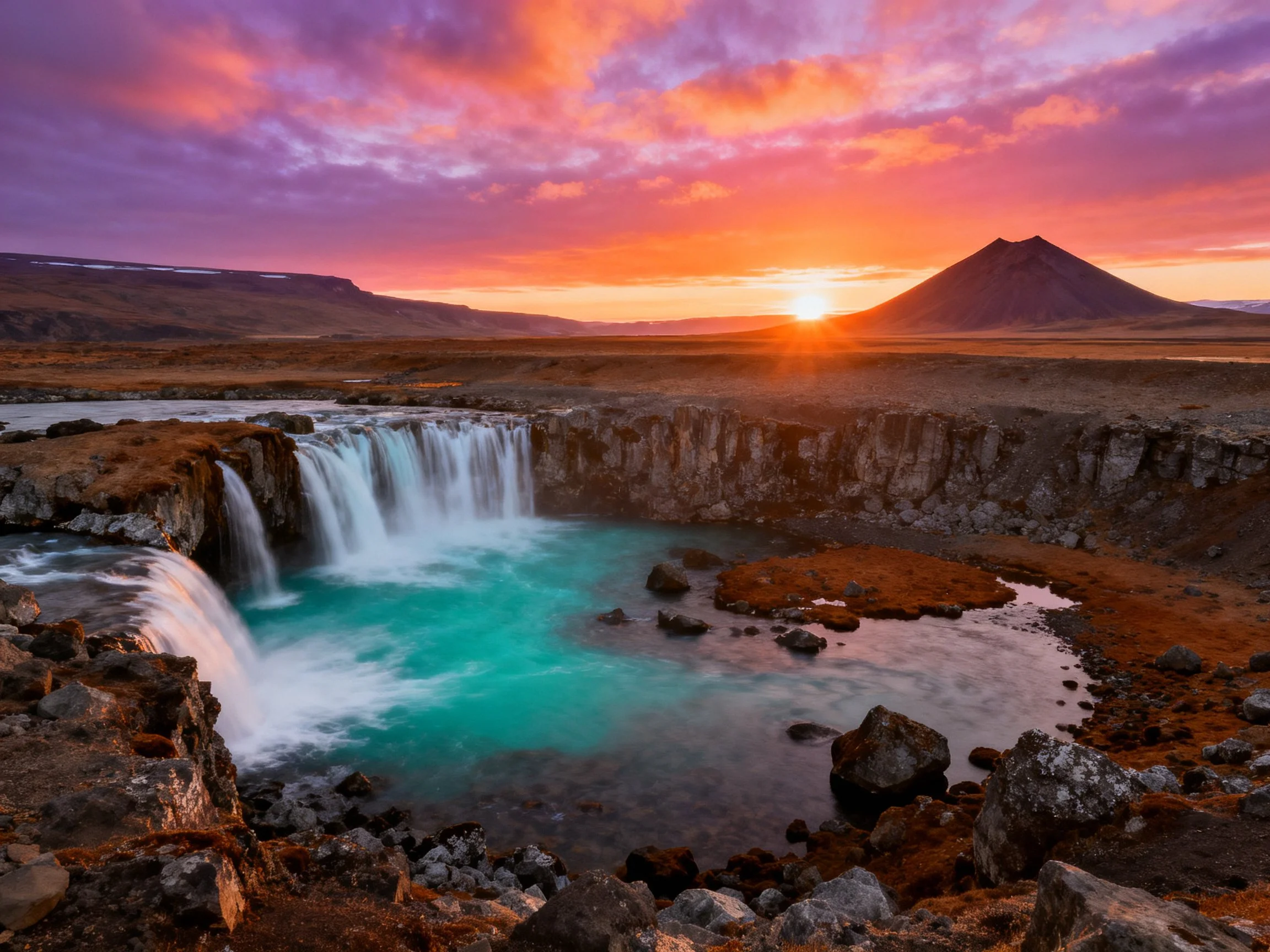 Vibrant sunset over turquoise waterfall near volcanic mountain