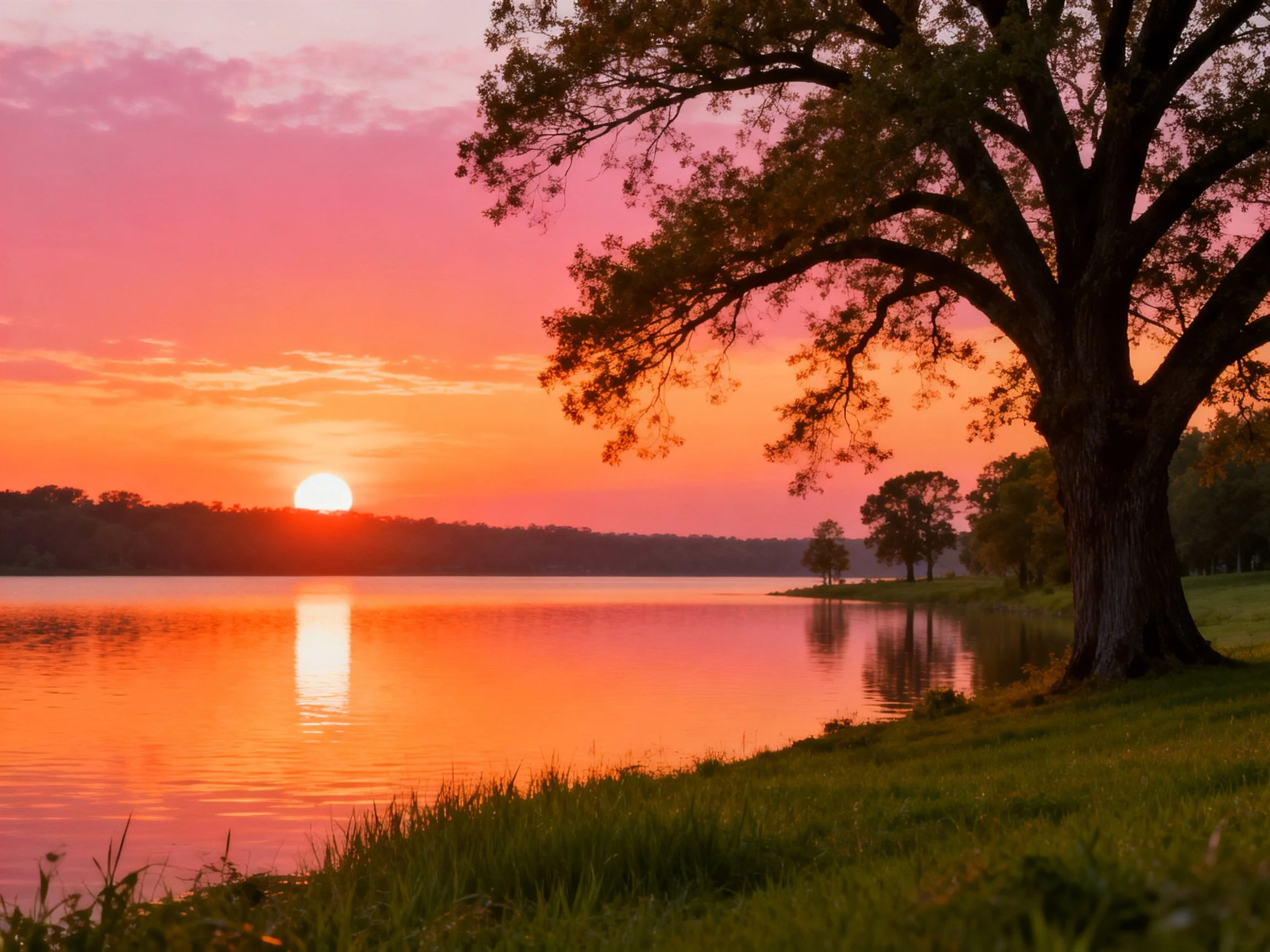 Vibrant sunset reflects on calm lake near large tree