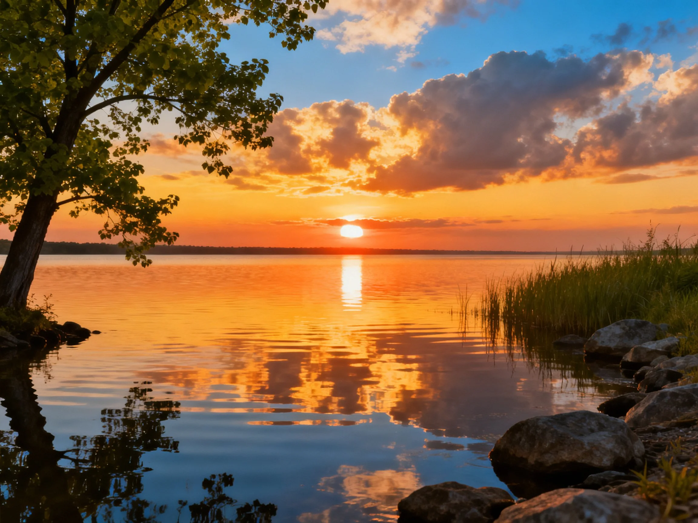 Vibrant sunset reflects on calm lake with trees and rocks