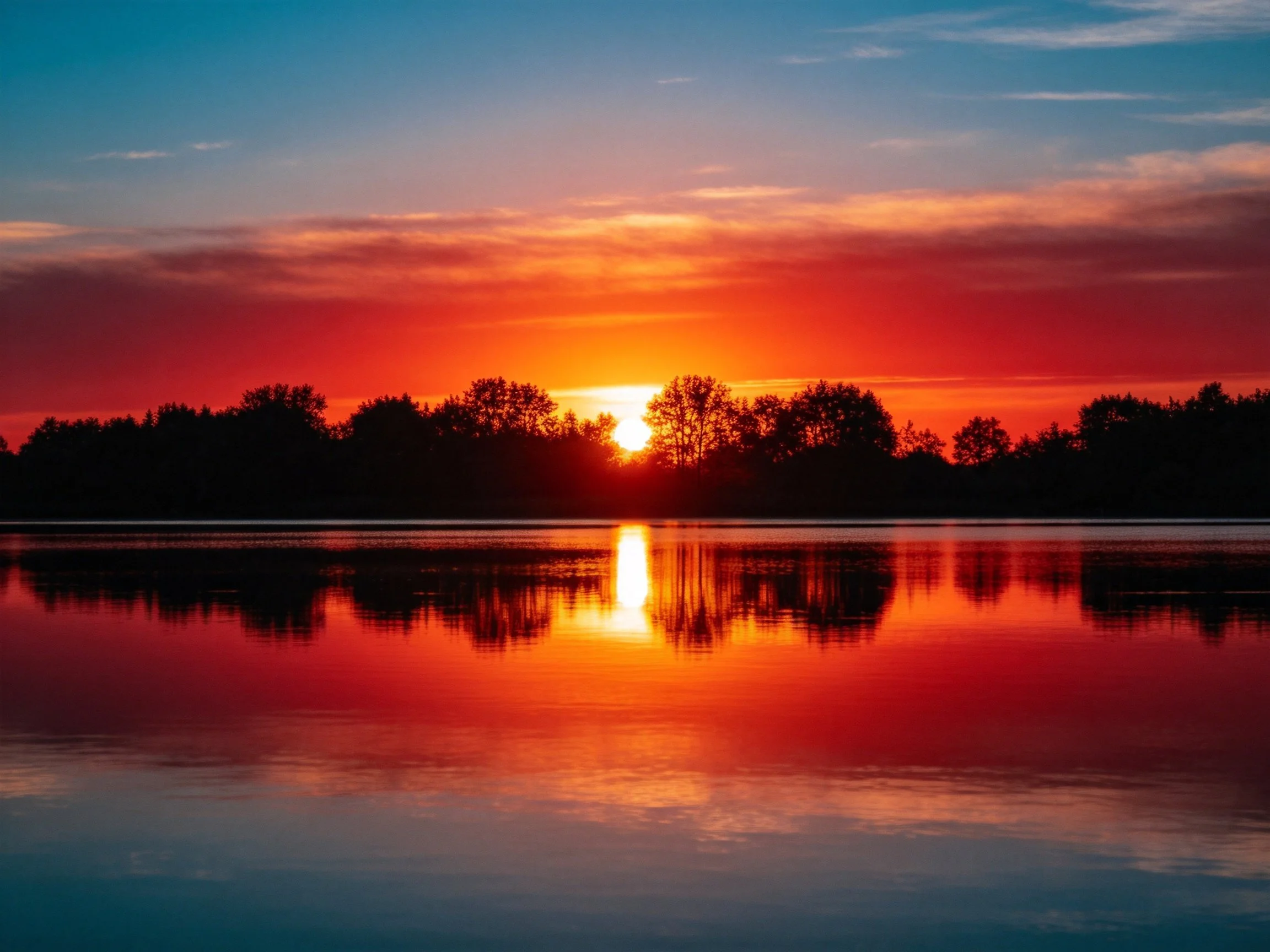 Vibrant sunset reflects on calm water with dark tree silhouettes