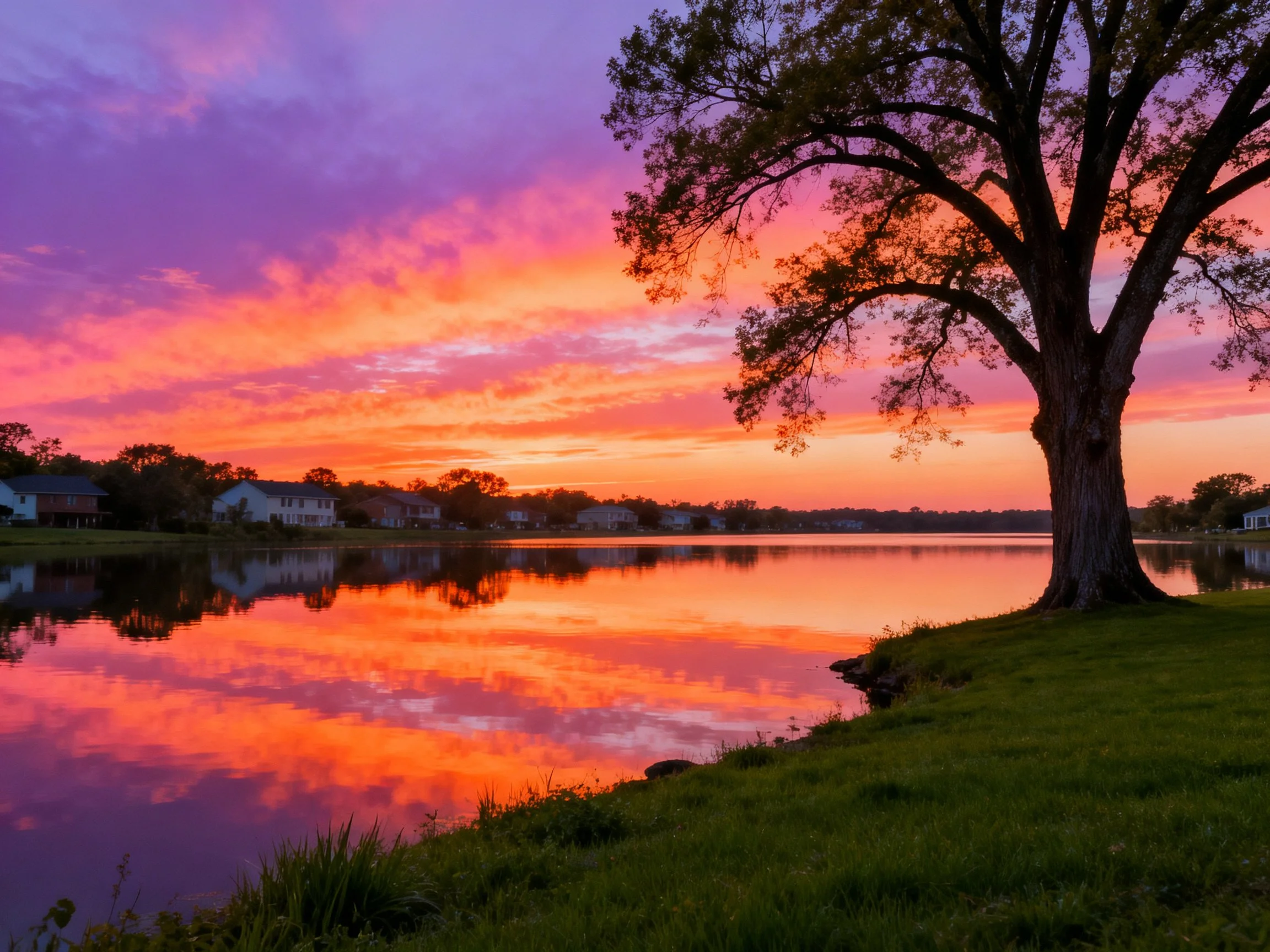 Vibrant sunset reflects over calm lake with large tree