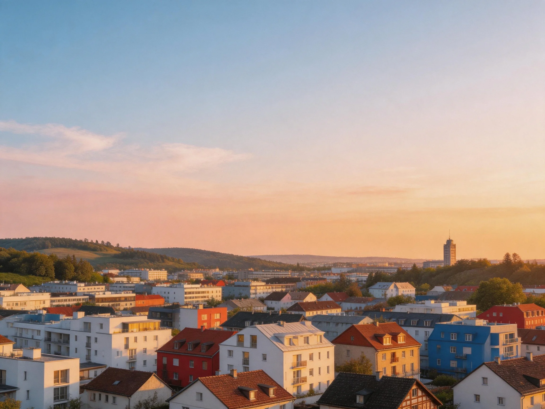 Vibrant town with multicolored buildings near rolling hills at sunset