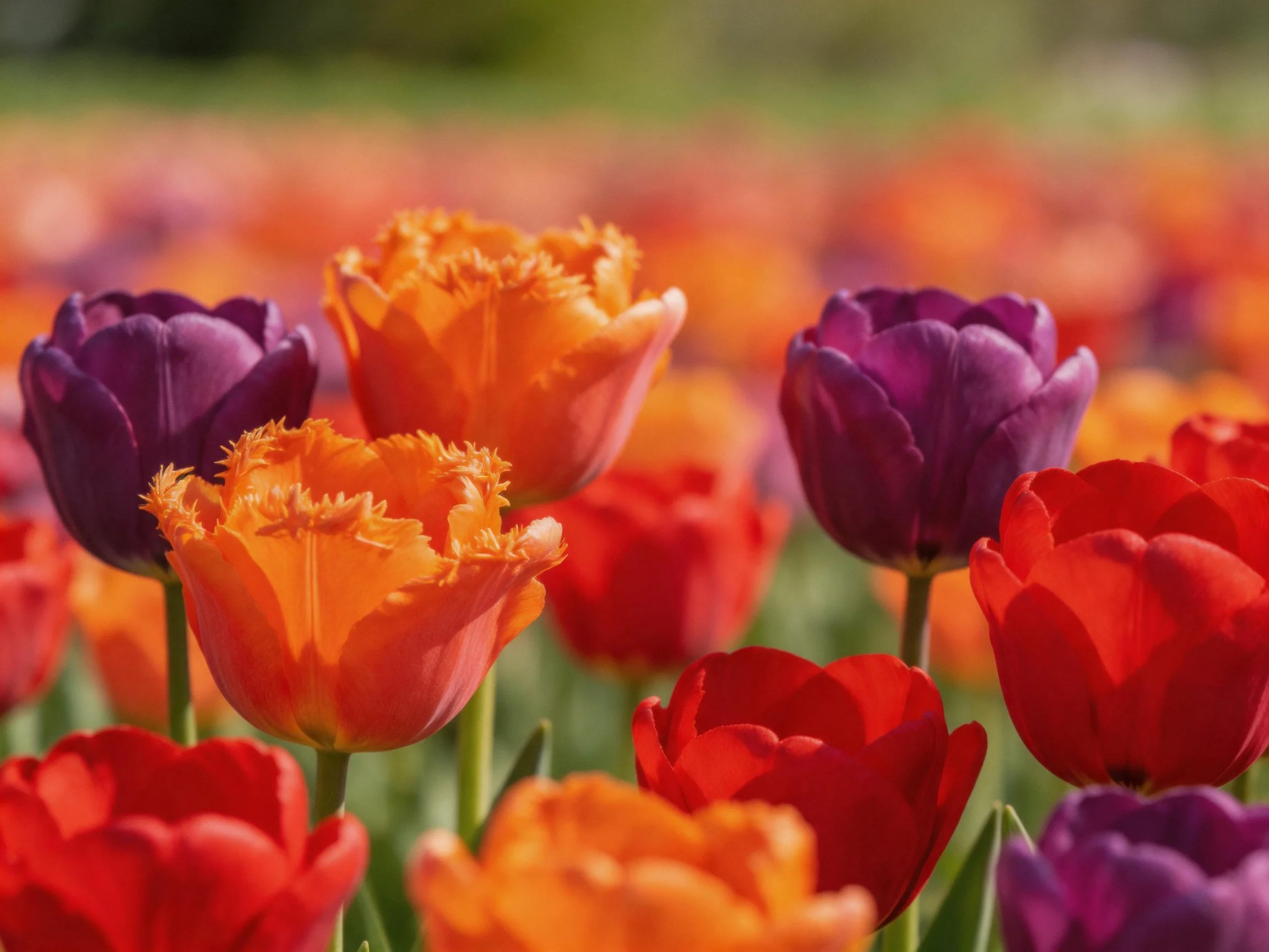 Vibrant tulip field with purple, orange, red blooms