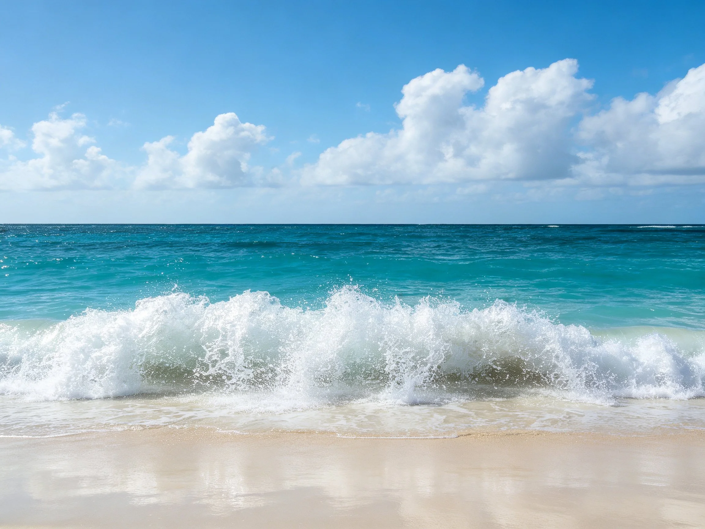 Vibrant turquoise waves crash onto golden sand under bright blue sky