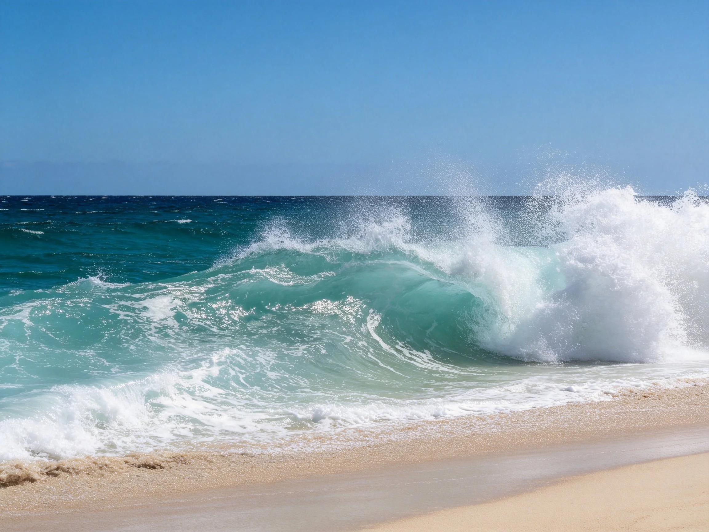 Vibrant turquoise waves crash onto golden sandy shore