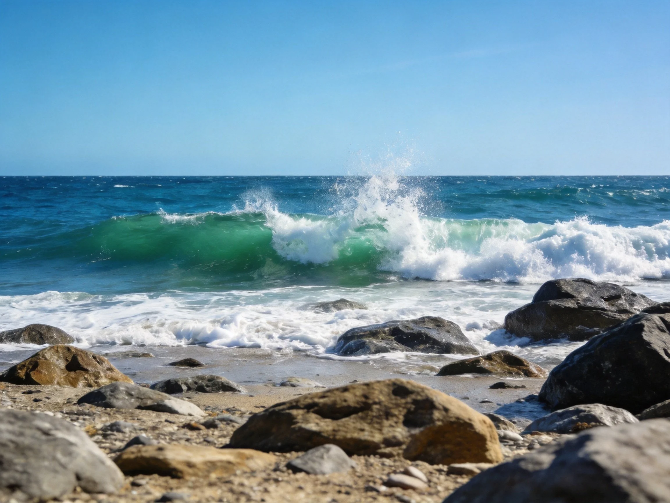 Vibrant turquoise waves crash upon rocky shoreline