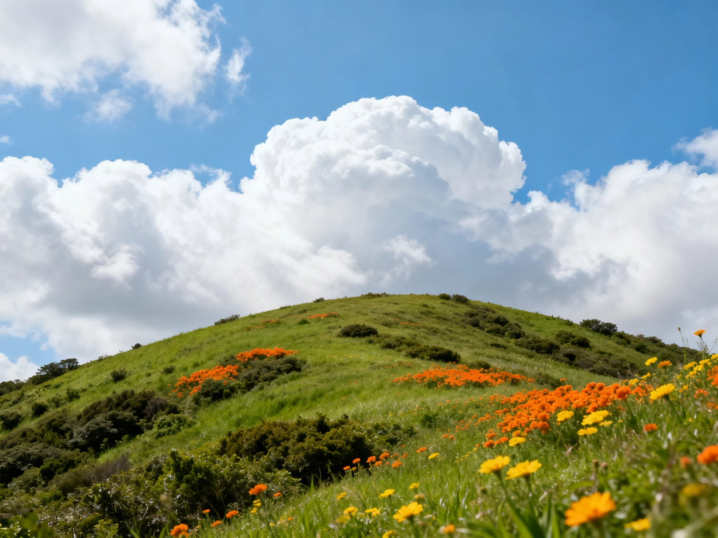 Vibrant wildflowers cover a lush green hill under bright blue sky