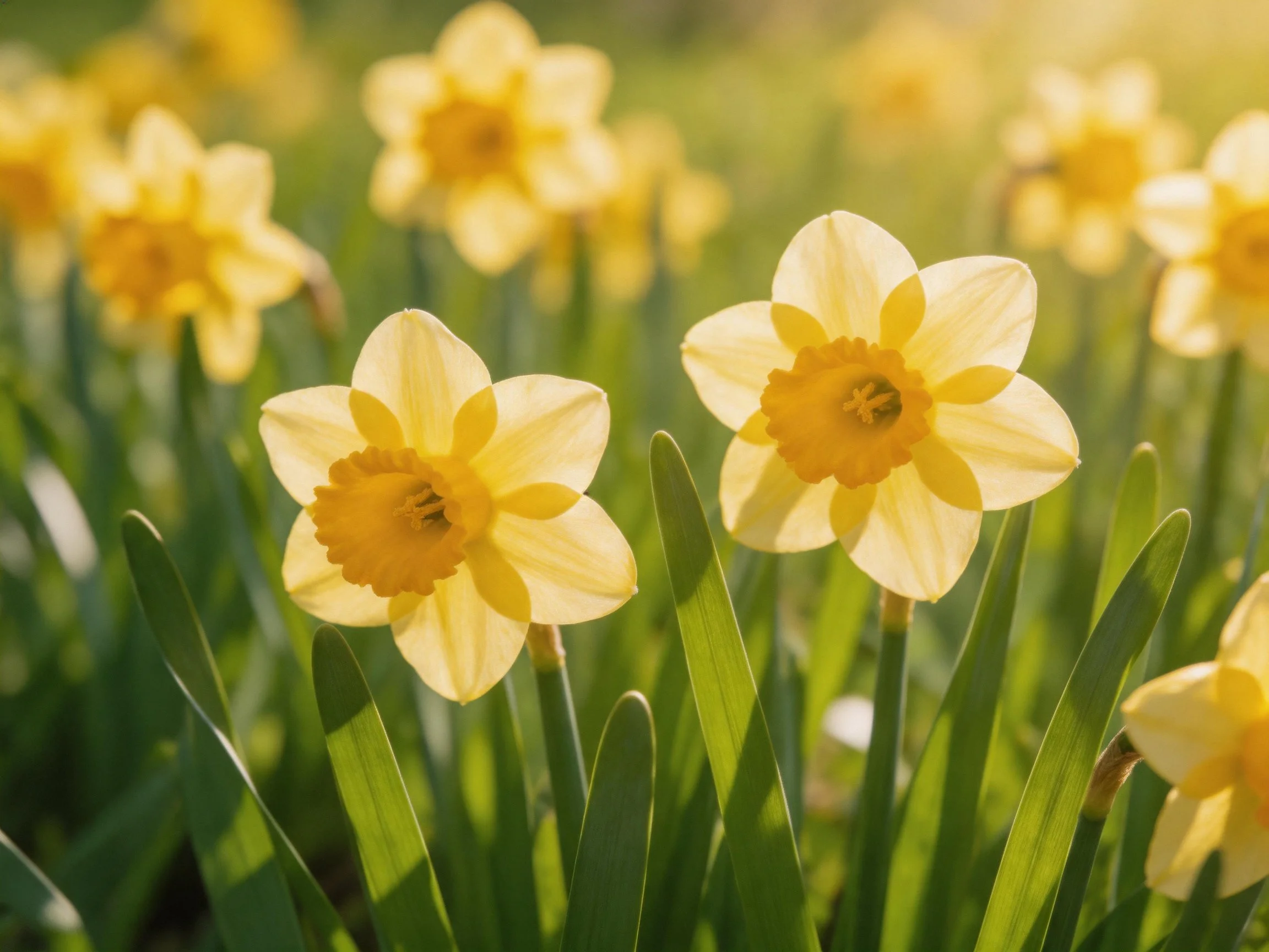 Vibrant yellow daffodils blooming among lush green stems