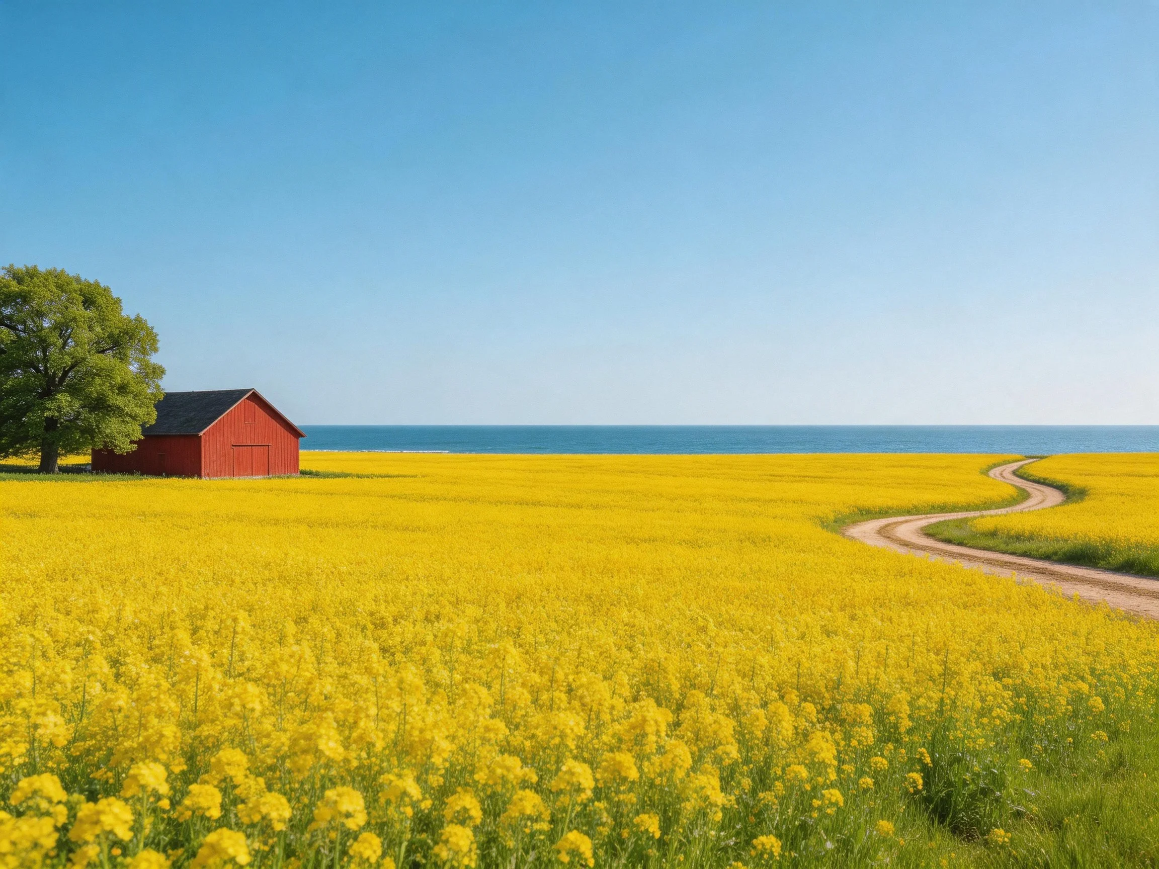 Vibrant yellow flower field with red barn and winding dirt path