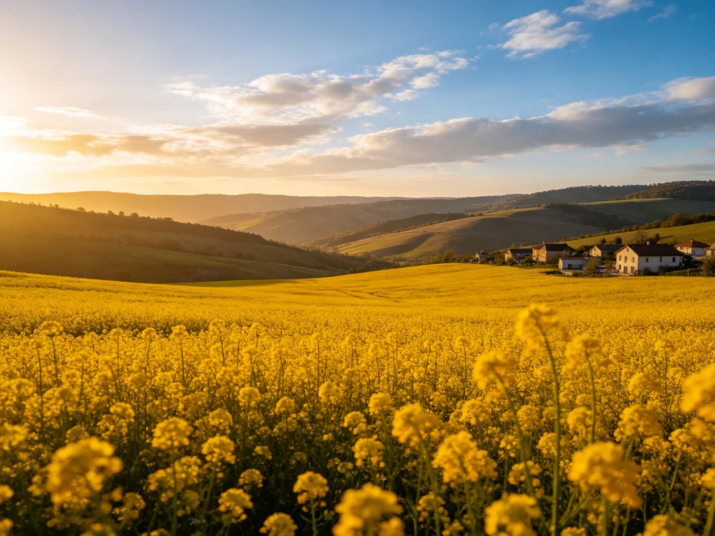 Vibrant yellow flower field with rolling hills and village under golden sunset