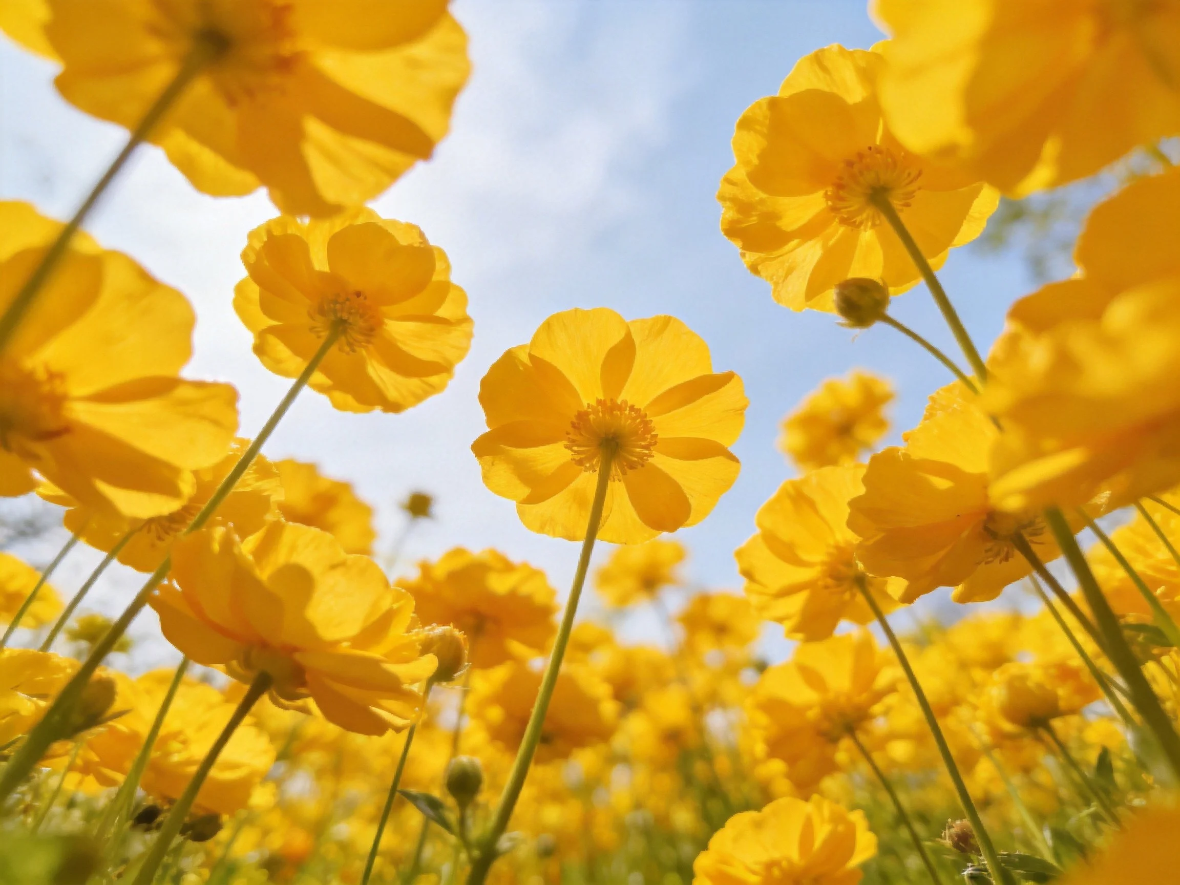 Vibrant yellow flowers reaching upward against clear blue sky