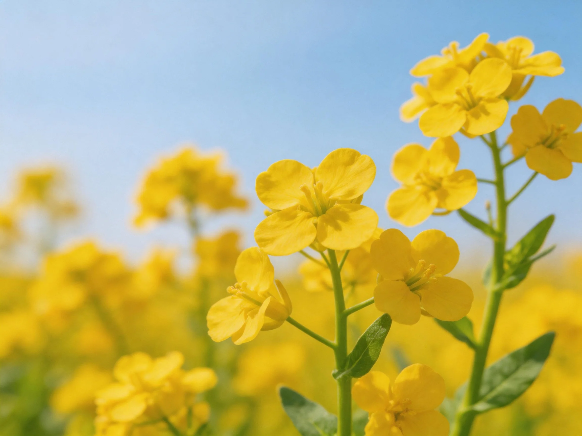 Vibrant yellow rapeseed flowers bloom beneath a clear blue sky