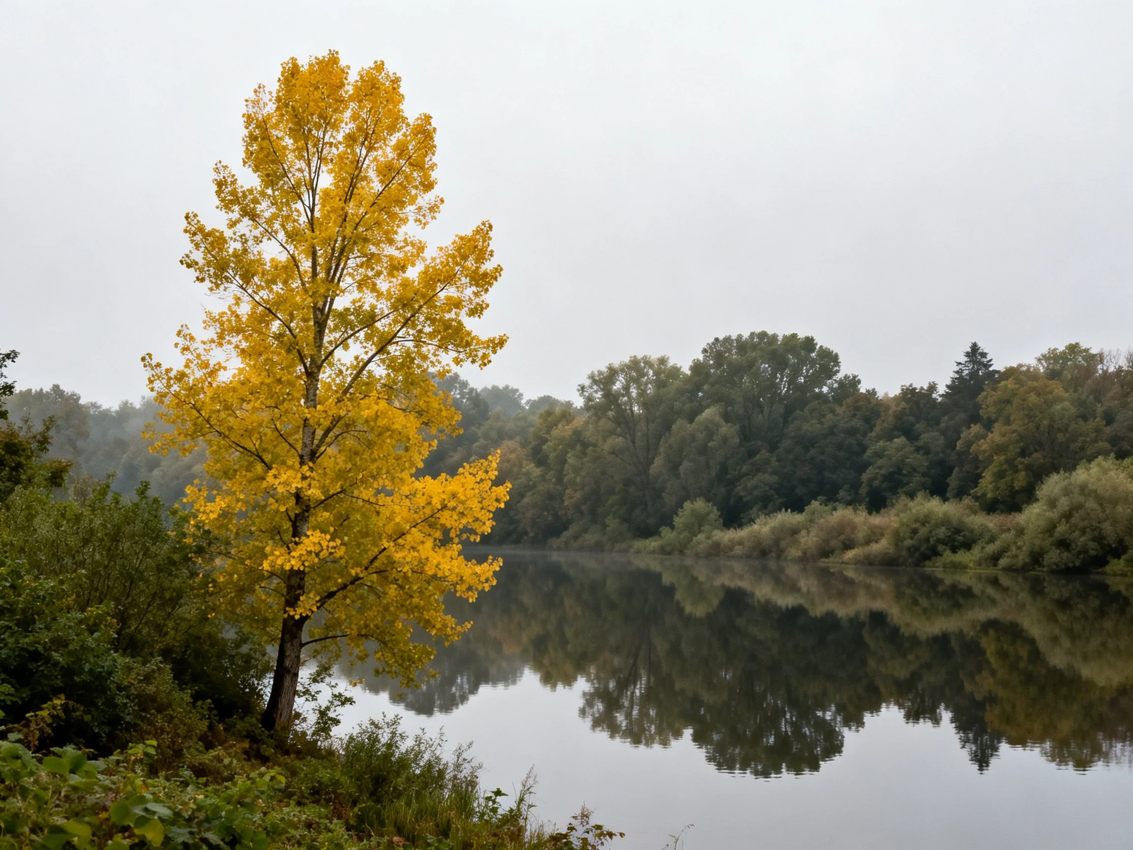 Vibrant yellow tree beside still river with misty surroundings