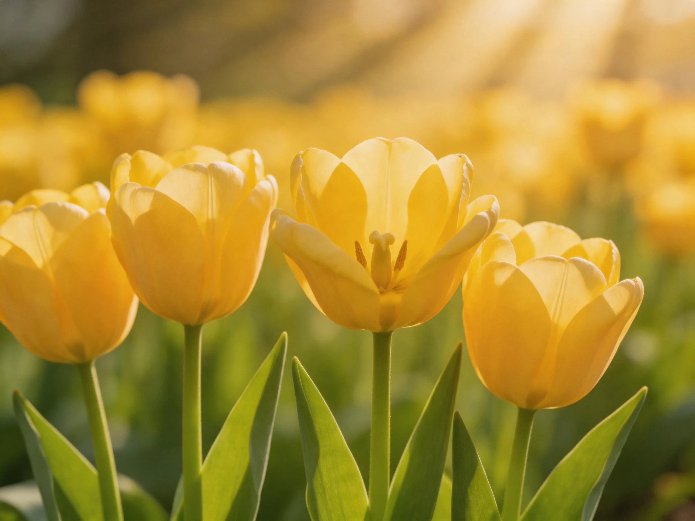 Vibrant yellow tulips blooming in a sunlit flower field