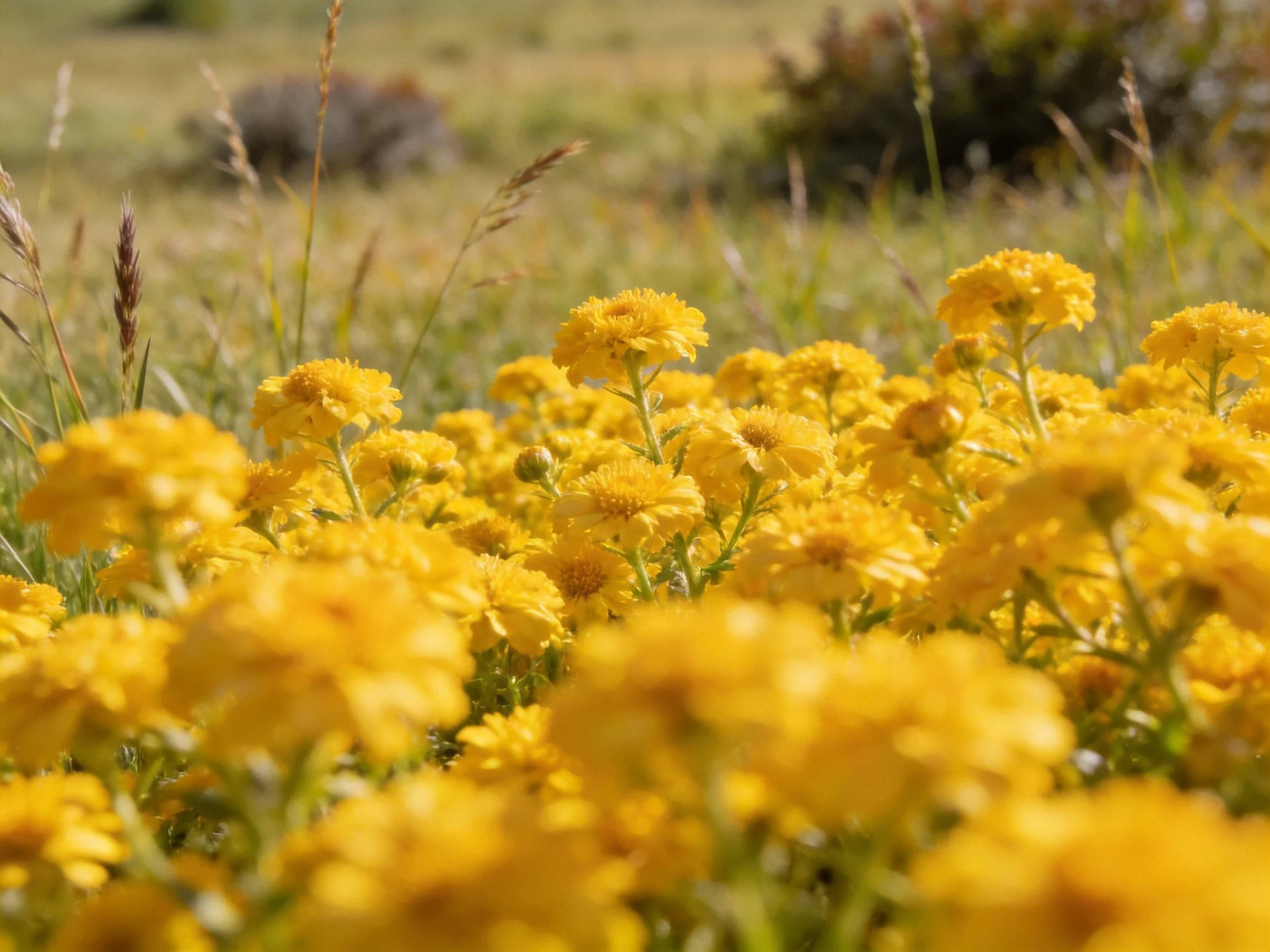 Vibrant yellow wildflowers densely populate a sunlit meadow
