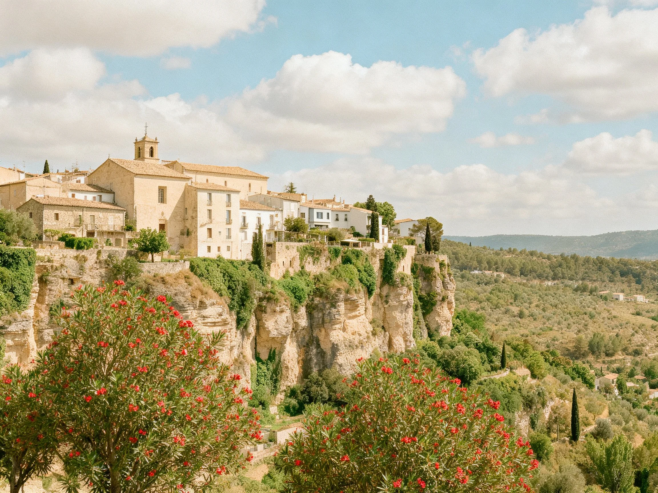 Village on Cliffside with Stone Buildings and Red Flowering Shrubs