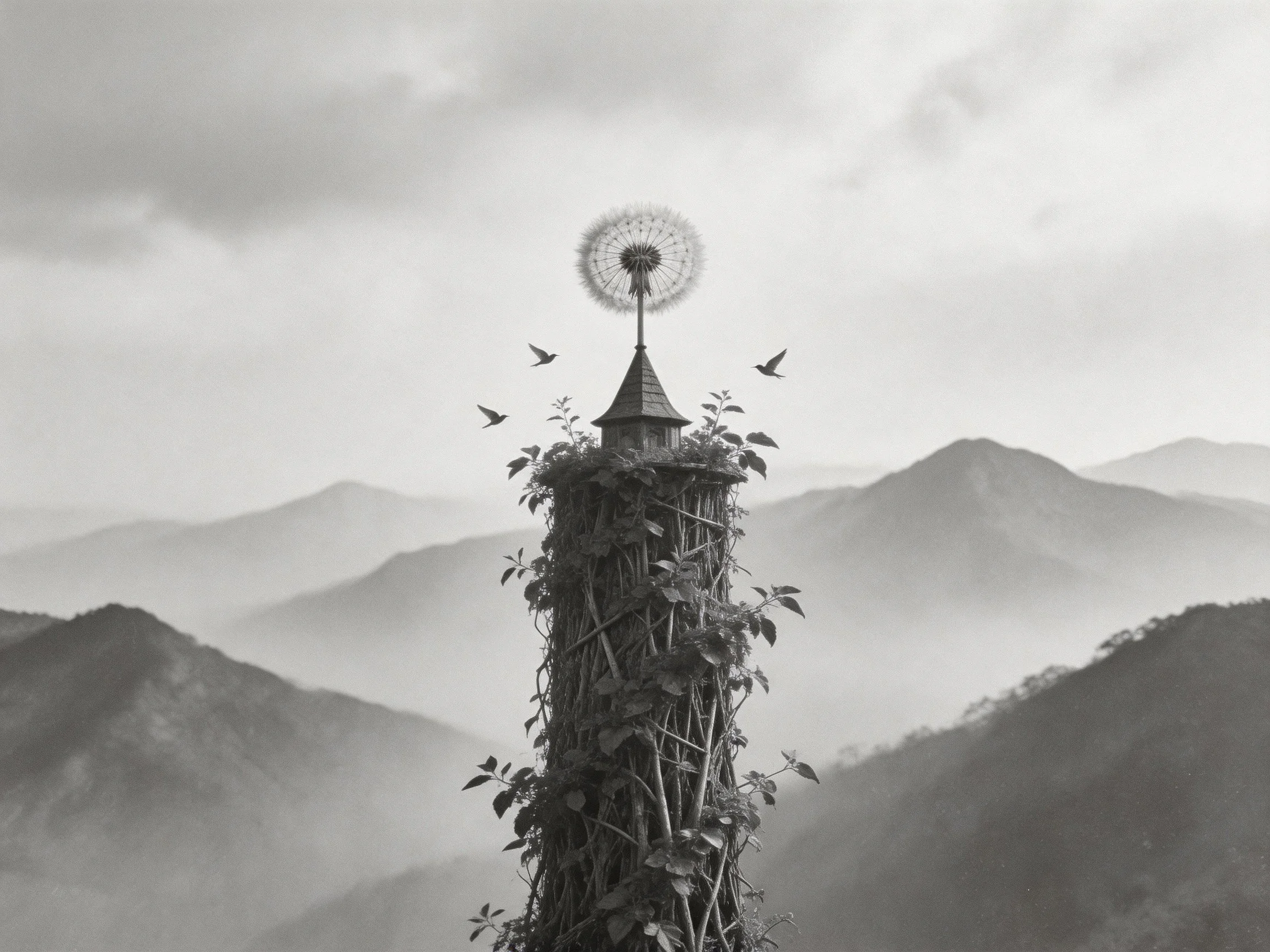 Vine-covered tower with dandelion topper among misty mountains