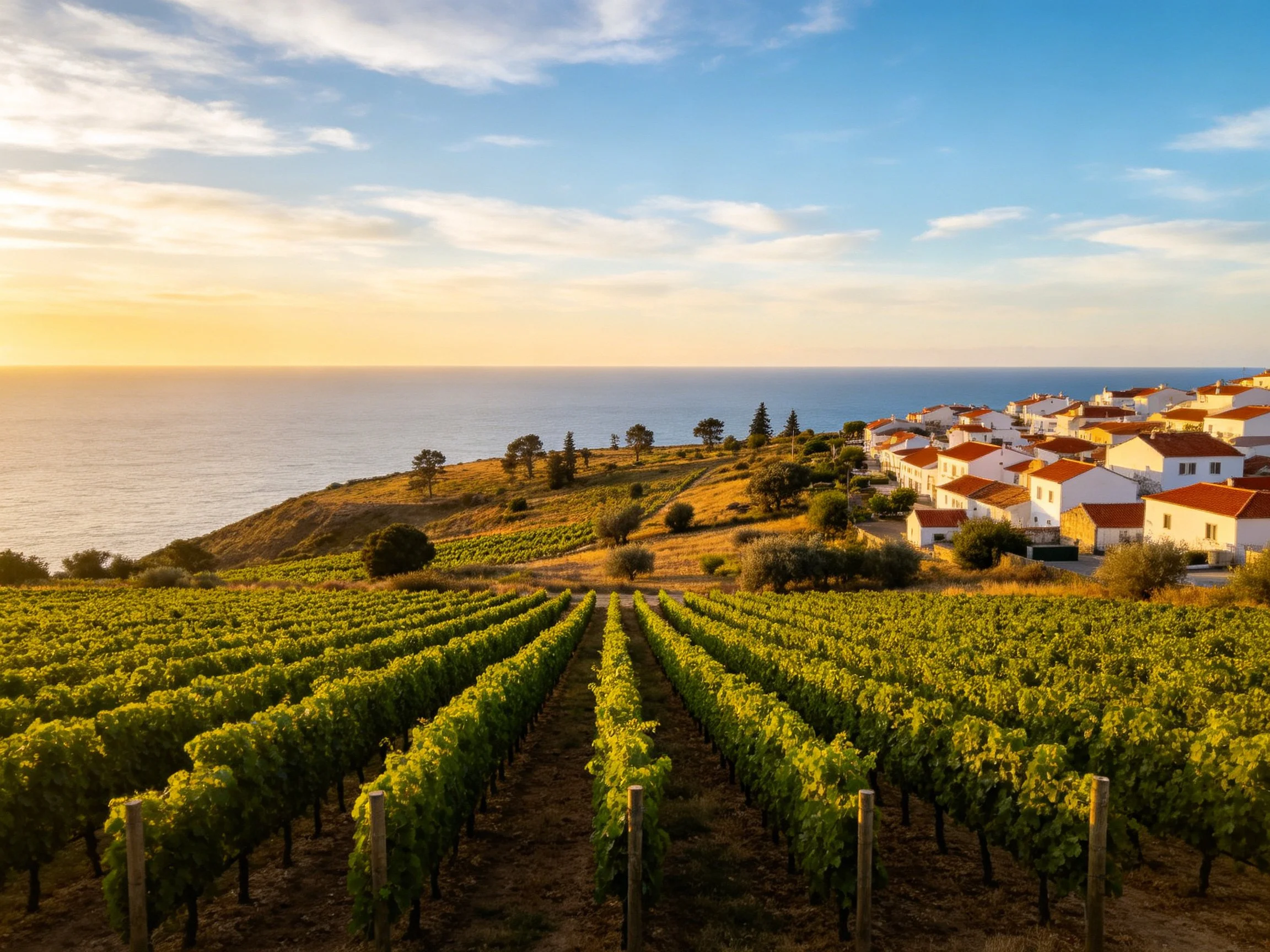 Vineyard Rows Near Coastal Red-Tiled Village at Sunset