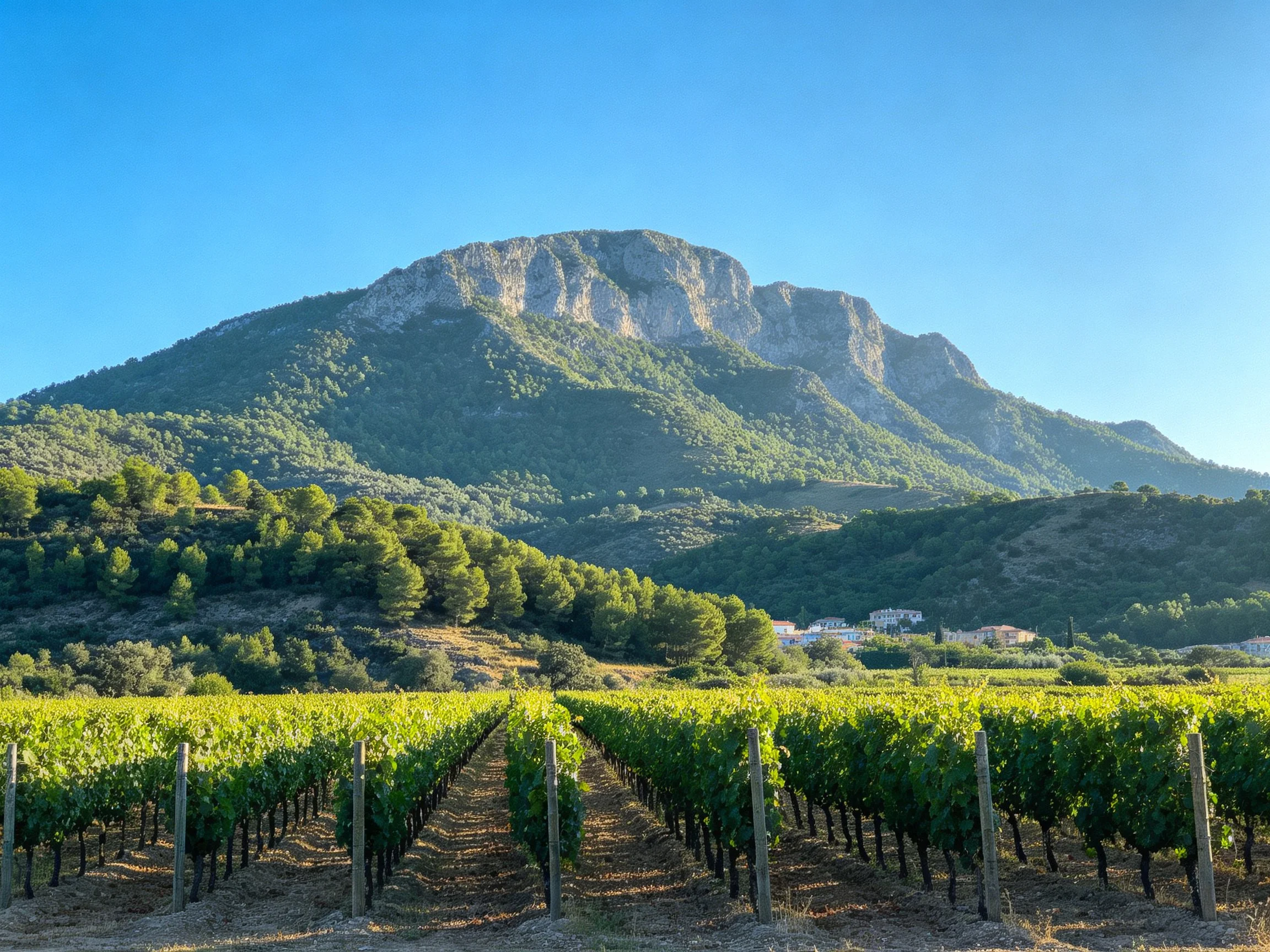 Vineyard rows beneath majestic mountain cliffs with clear blue sky