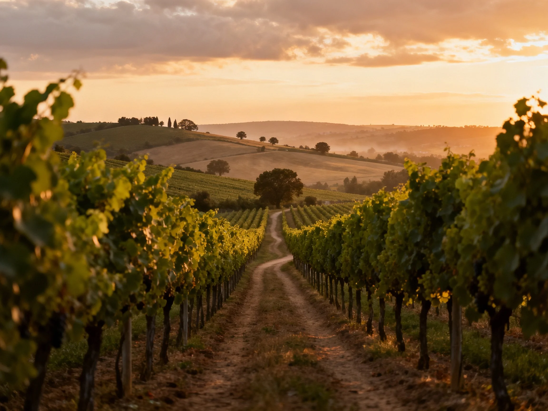 Vineyard rows under golden sunset with rolling hills