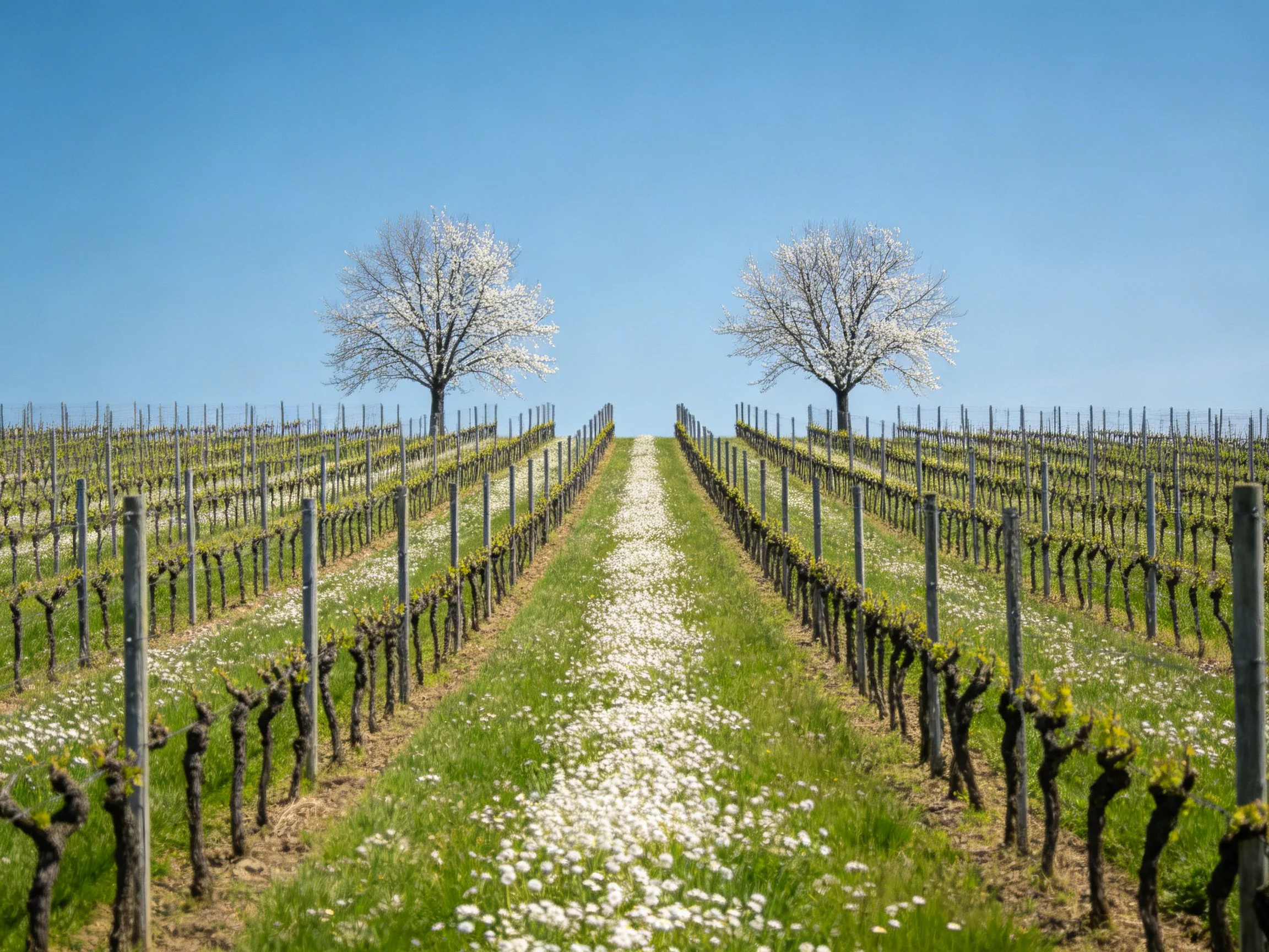 Vineyard rows with two flowering trees under clear blue sky
