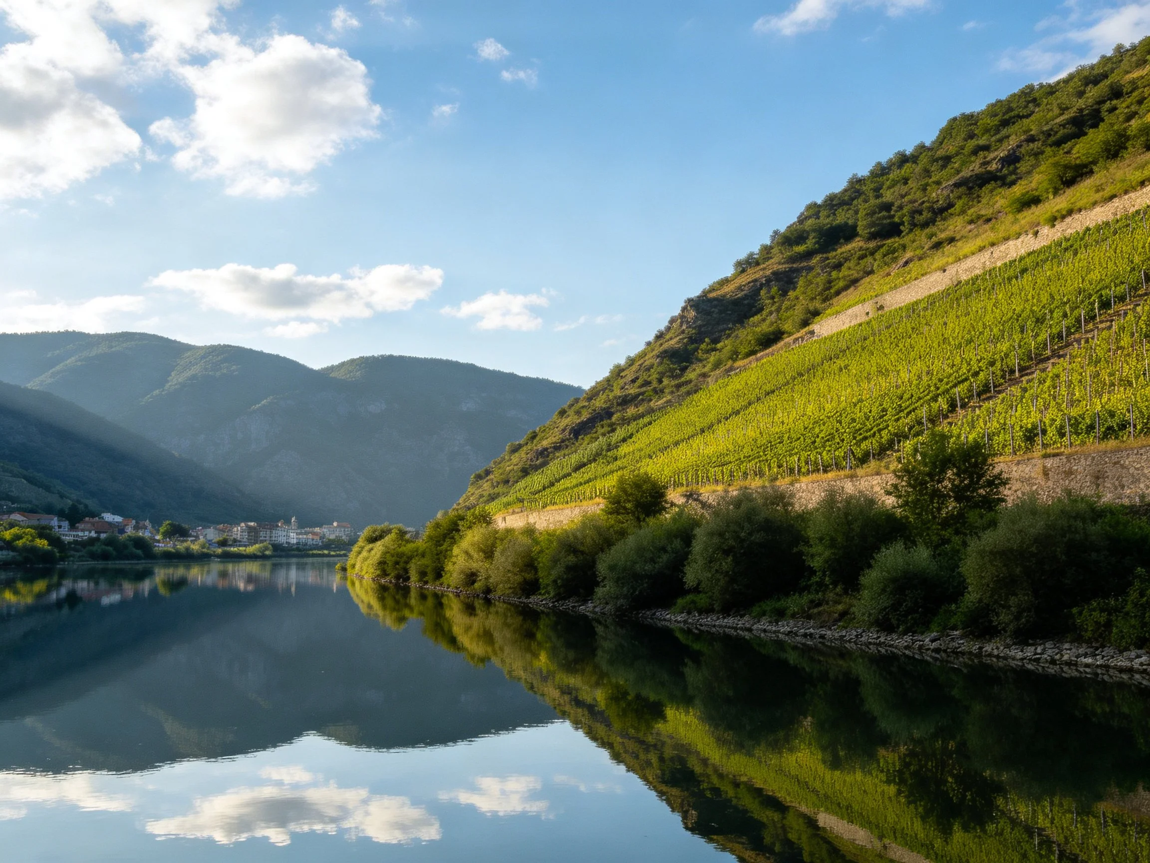 Vineyard - terraced hillside reflects in calm river with mountain backdrop