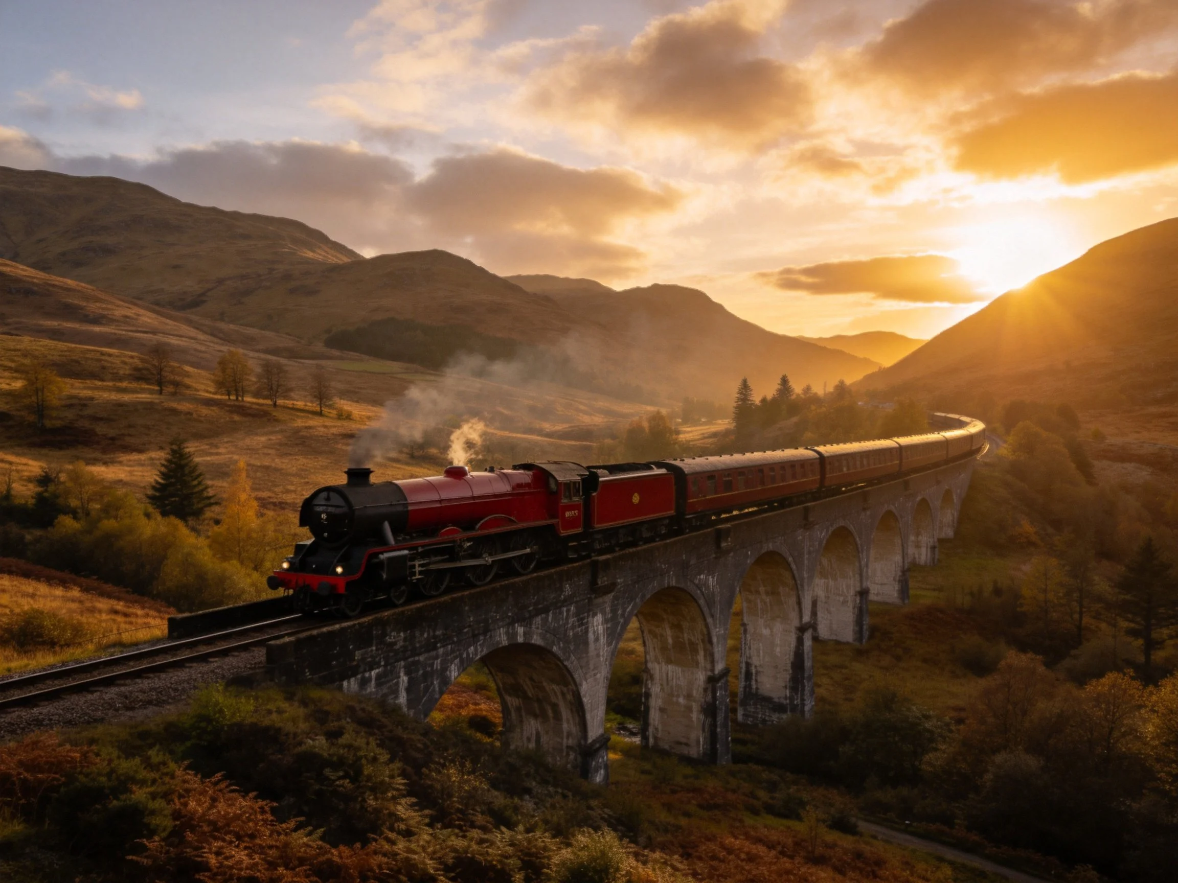 Vintage red steam locomotive crosses stone arch viaduct at golden hour