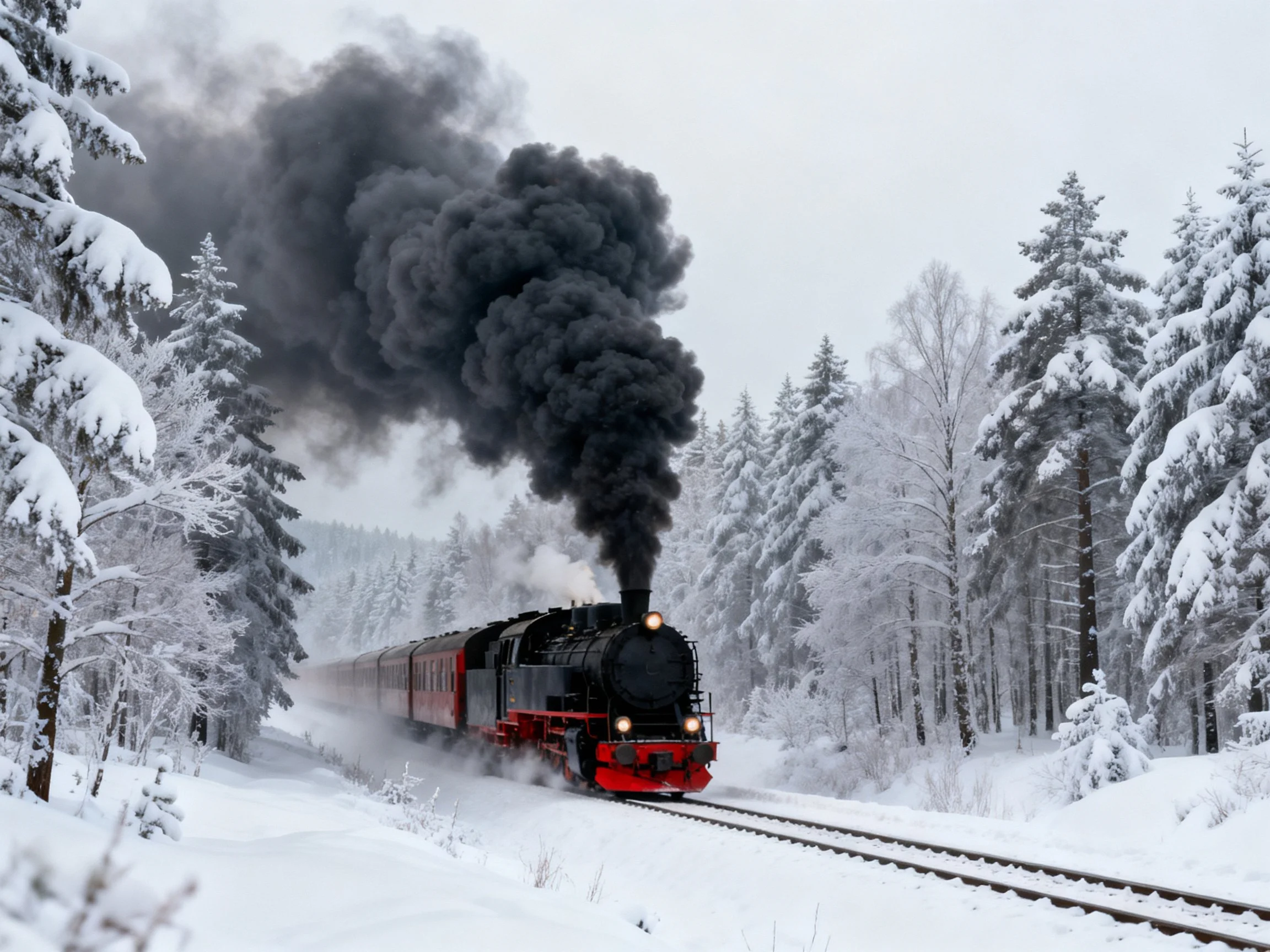 Vintage steam locomotive emits thick black smoke through snow-covered forest