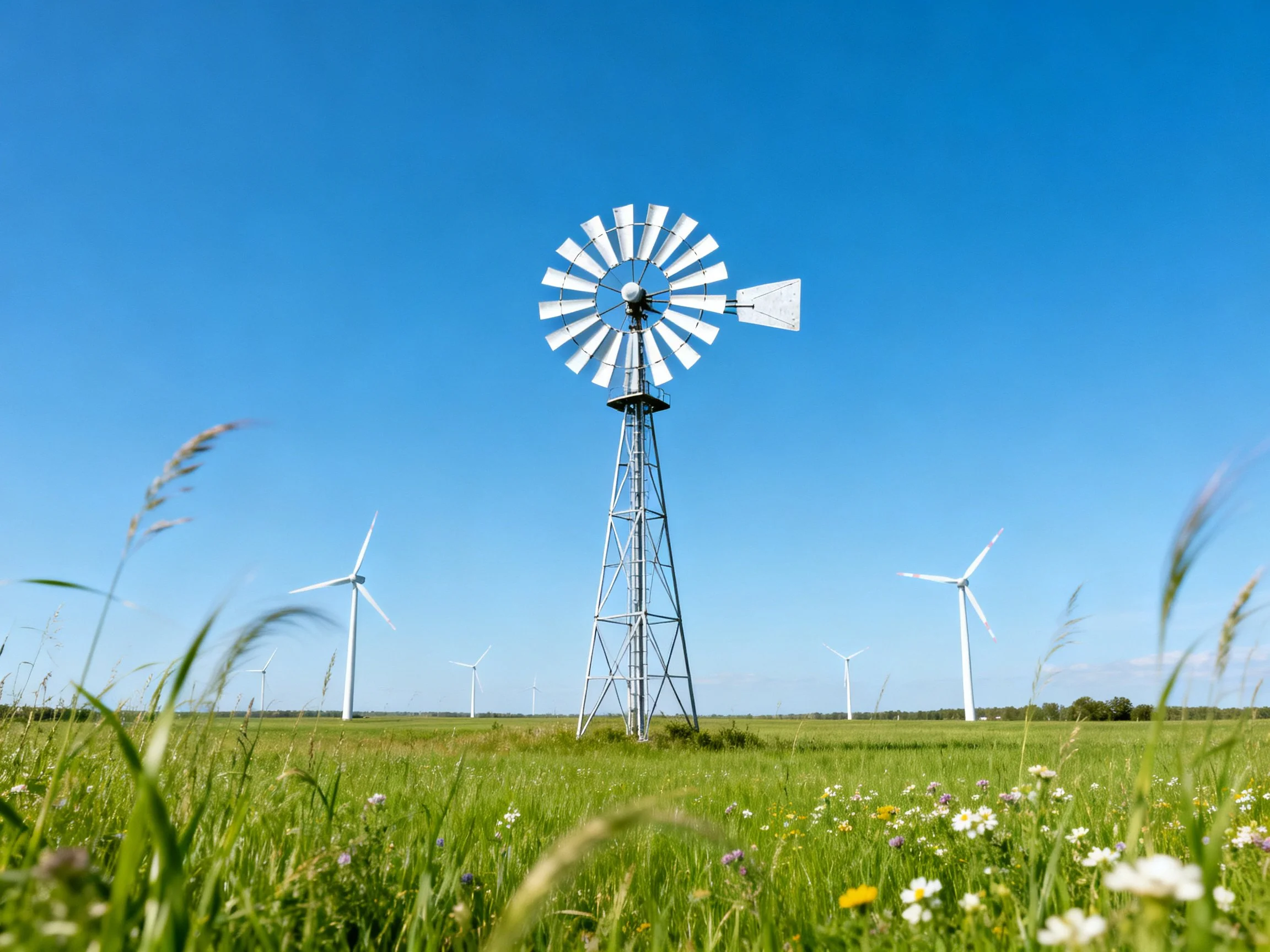 Vintage windmill amid modern turbines in lush green field under clear blue sky