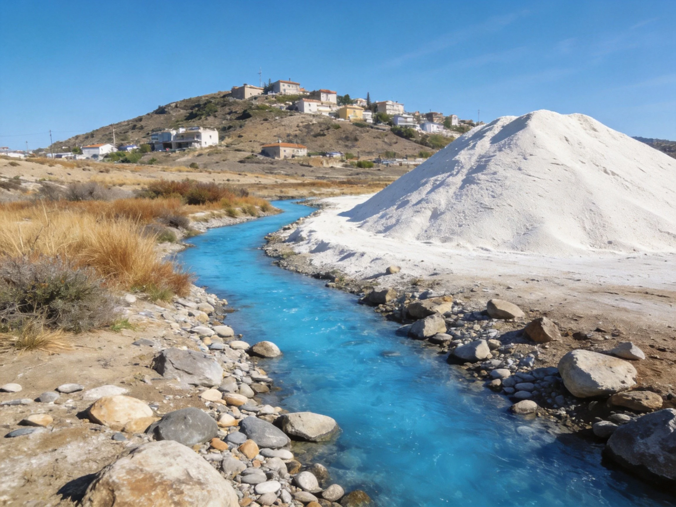 Vivid blue stream beside giant white salt mound near hilltop village