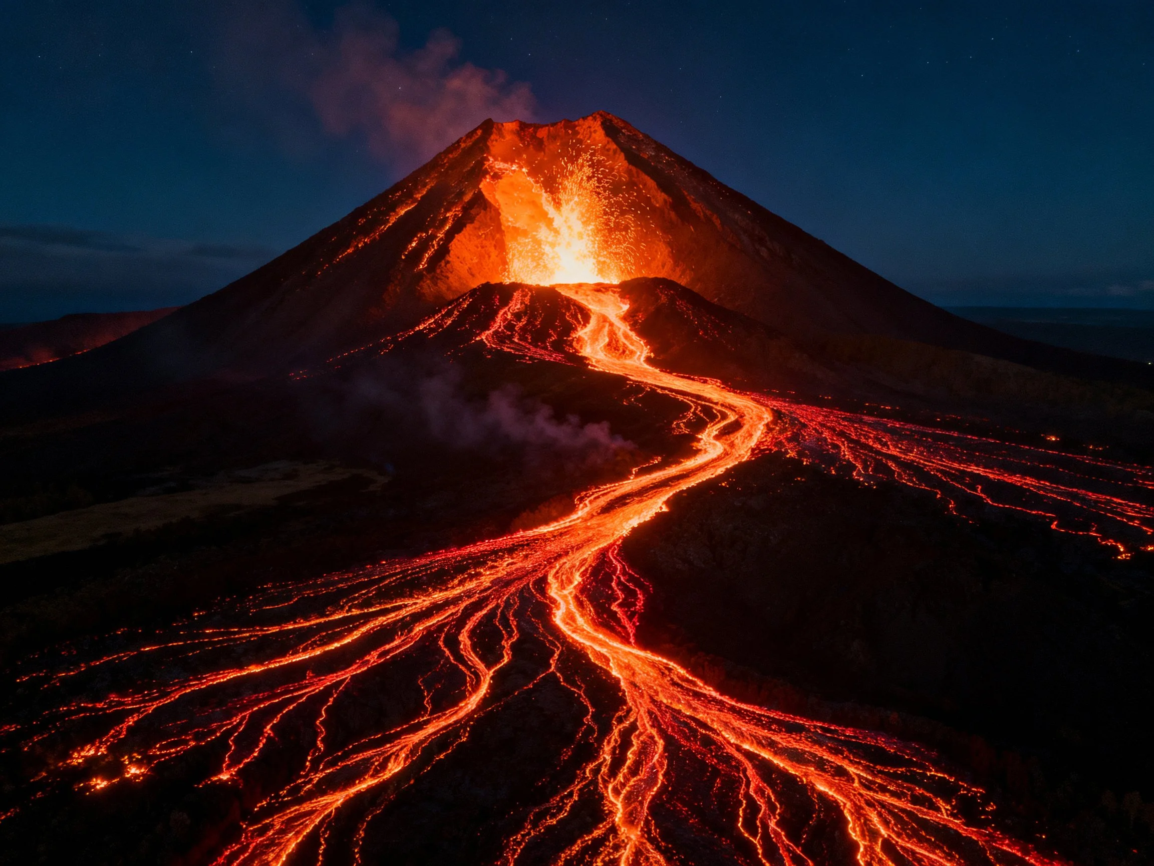 Volcano erupts with fiery lava streams under dark sky
