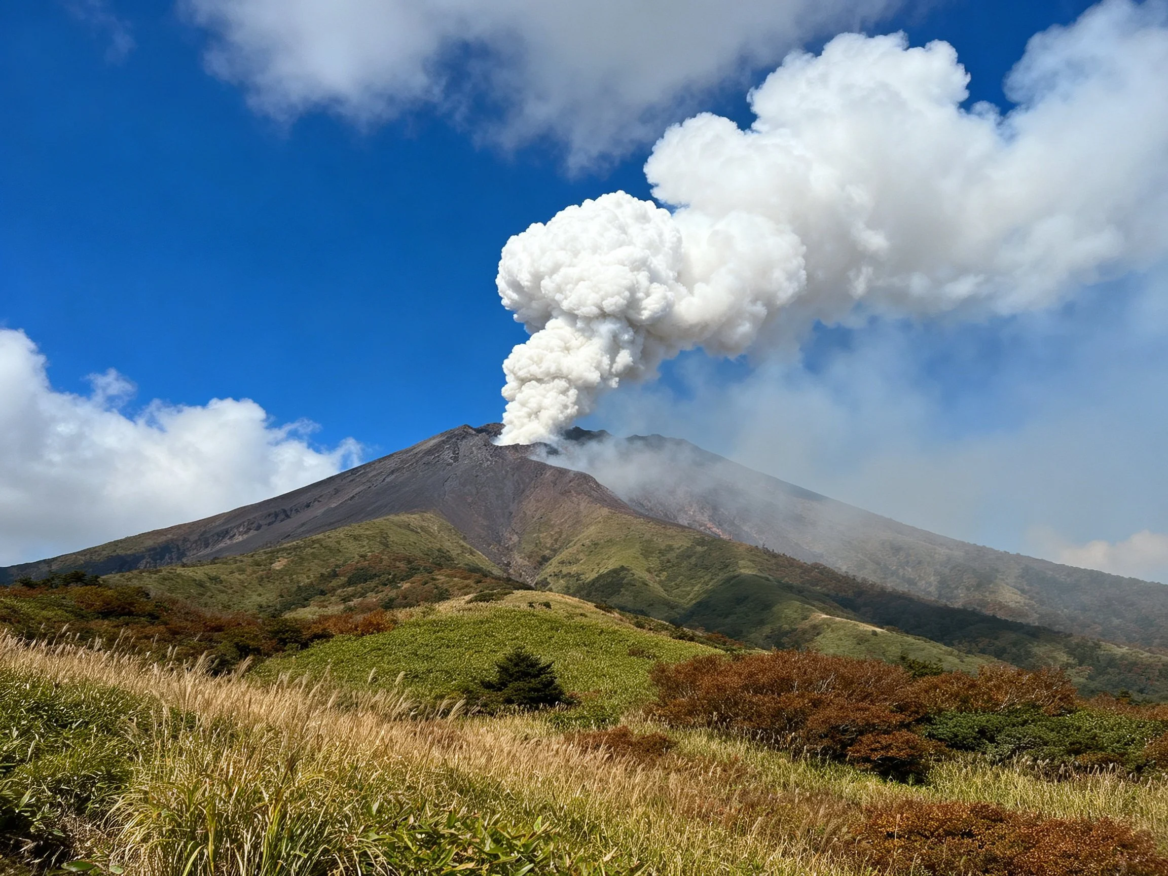 Volcano erupts with thick white smoke from a green mountain peak