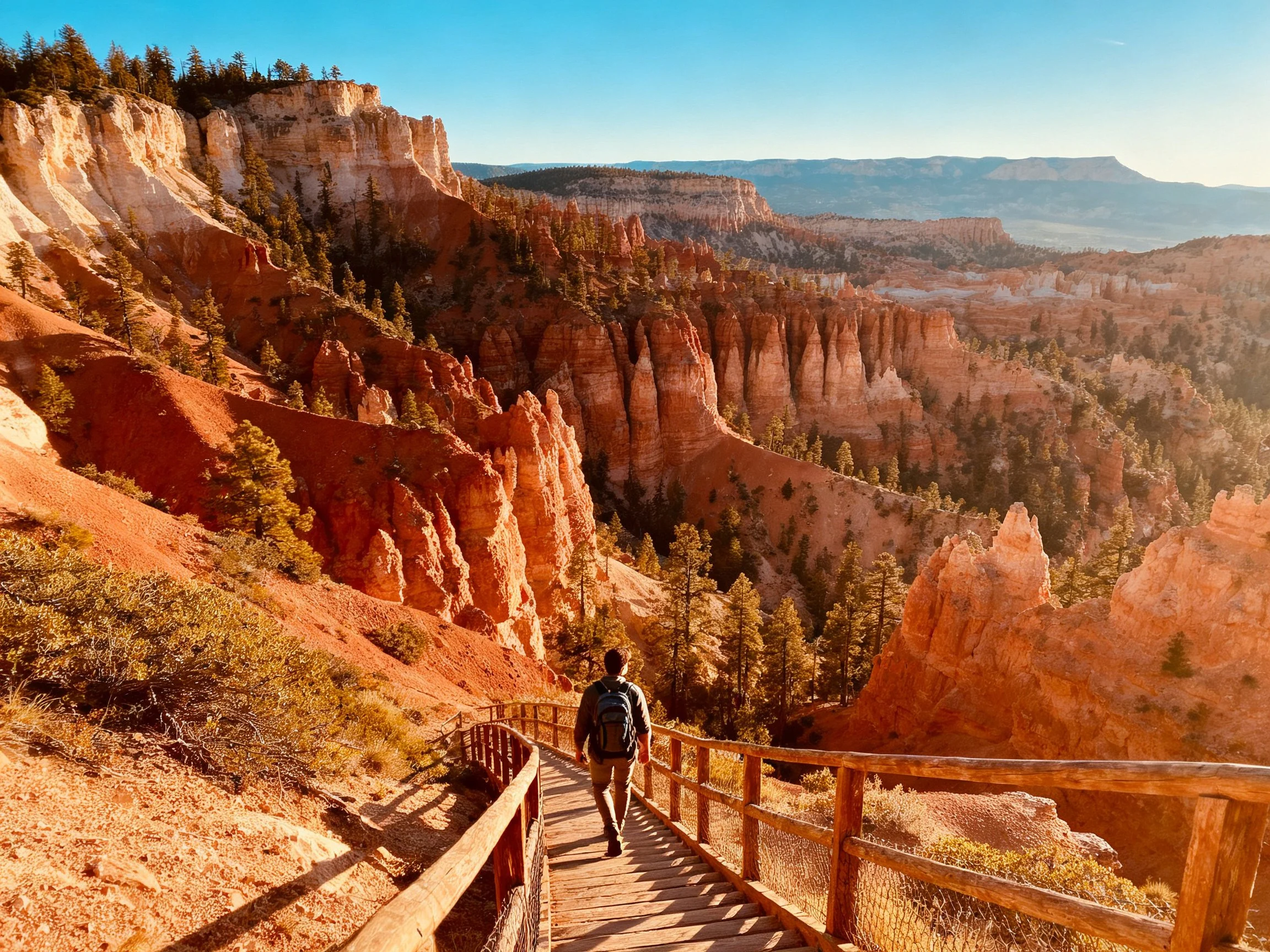 Warm-hued canyon hike with wooden walkway and orange rock formations