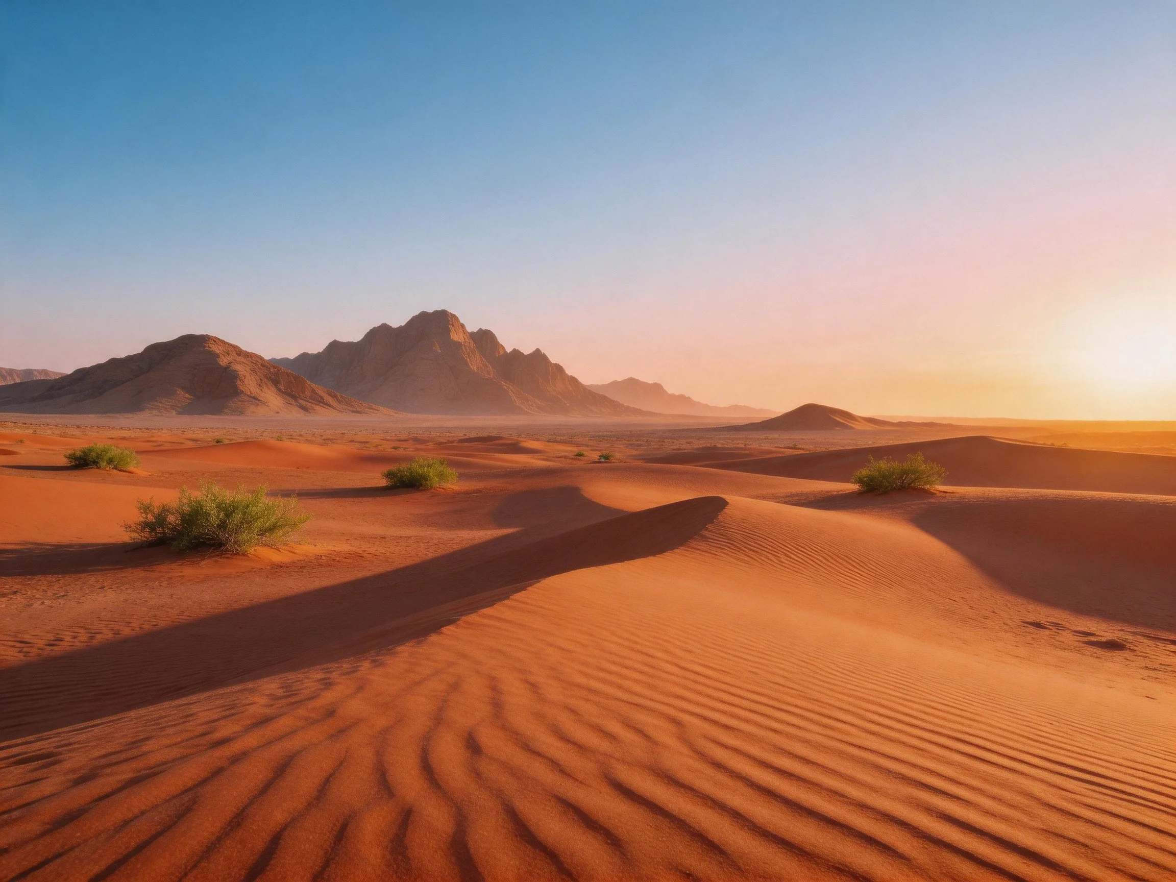 Warm-hued sand dunes with rugged mountains and sparse vegetation