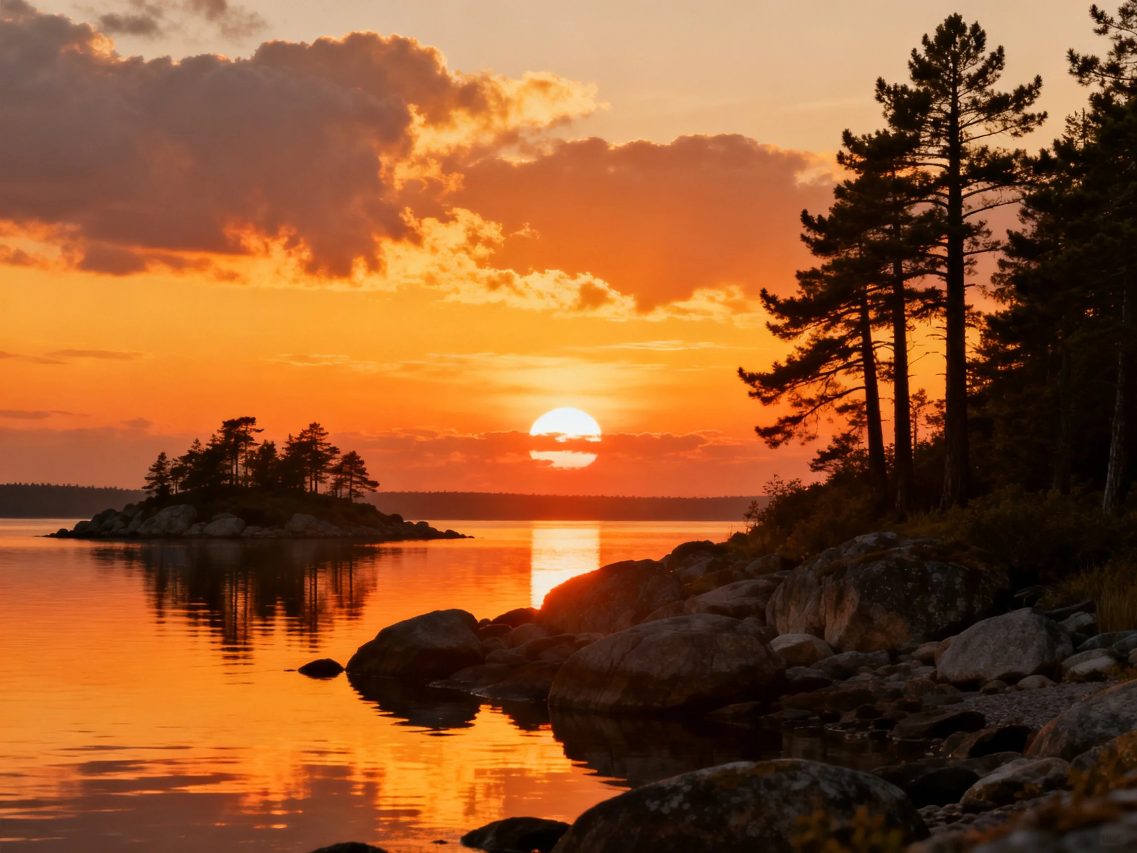 Warm orange sunset over calm lake with rocky shore and pine island