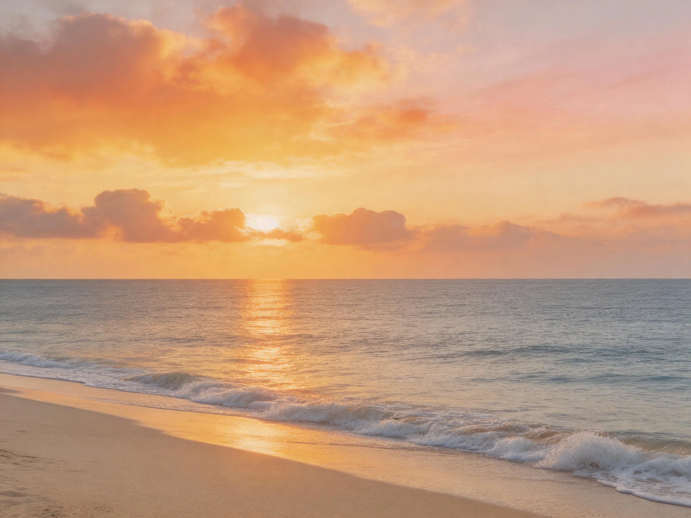 Warm orange sunset over calm ocean and sandy beach