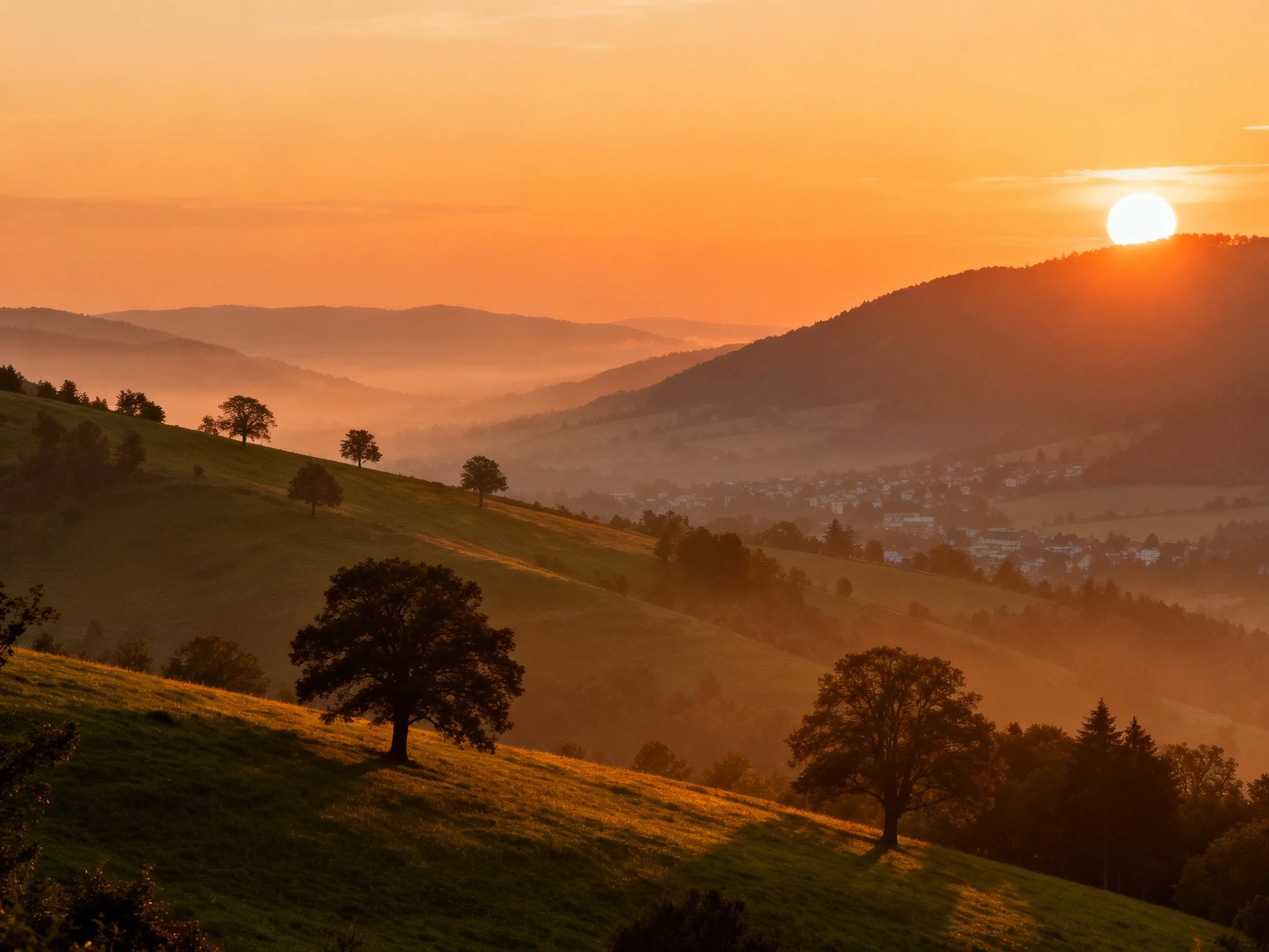 Warm sunset illuminates rolling hills with scattered trees and distant village