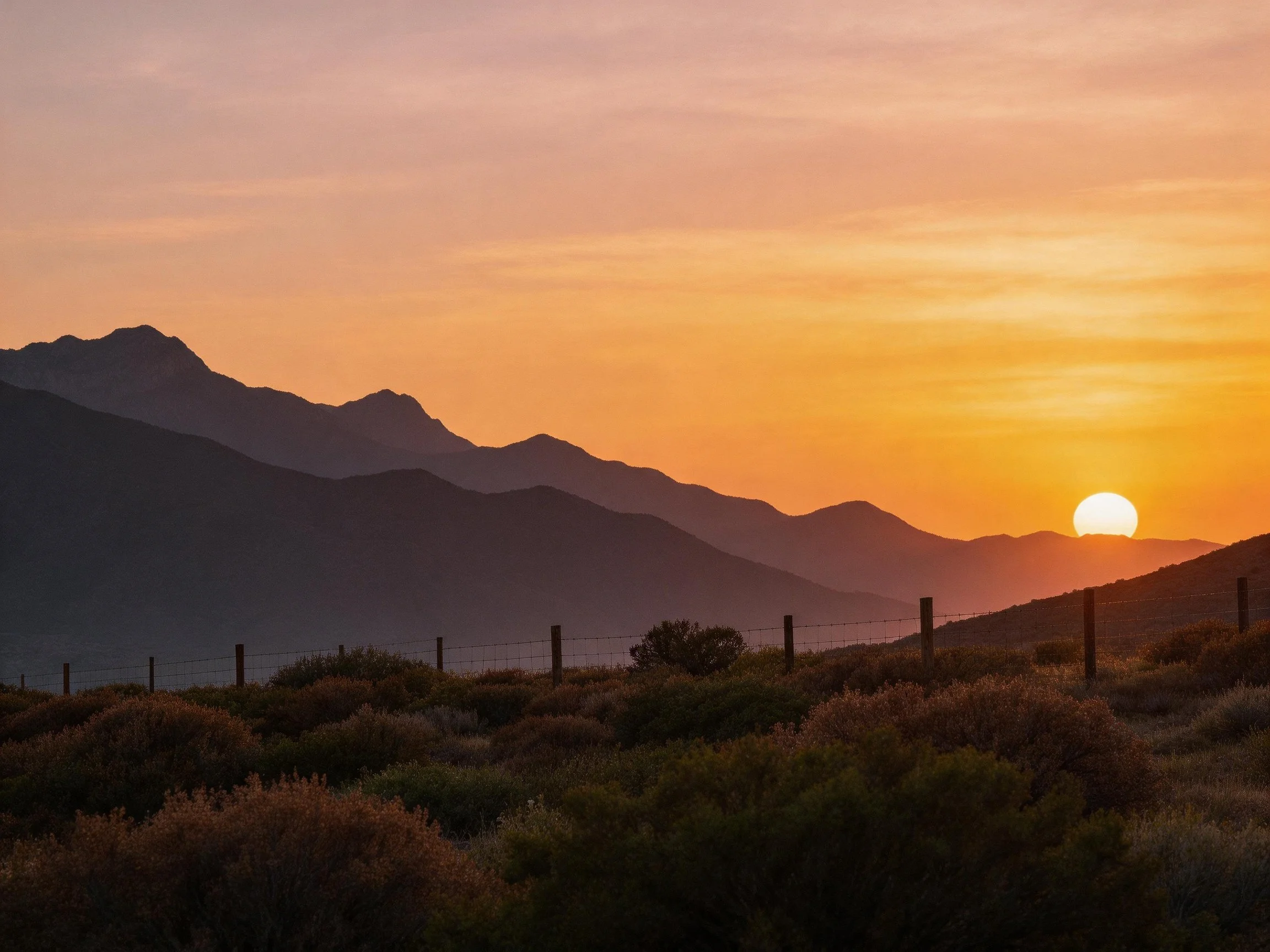 Warm sunset over mountain range with fence and shrubland
