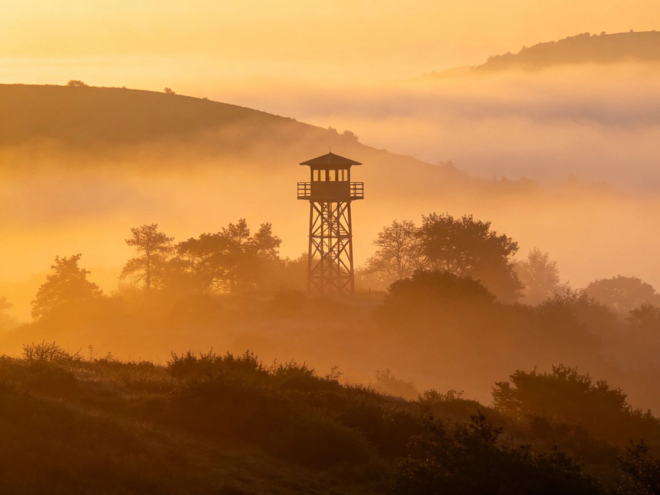 Watchtower Silhouetted Among Golden Misty Trees and Hills