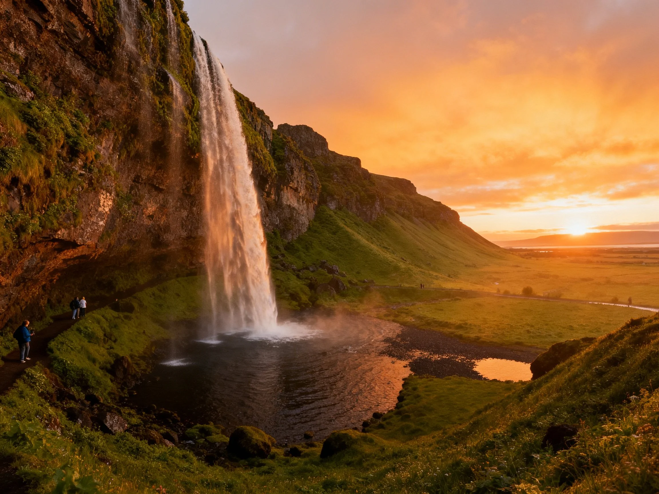 Waterfall cascades into pool near visitors under vibrant orange sunset