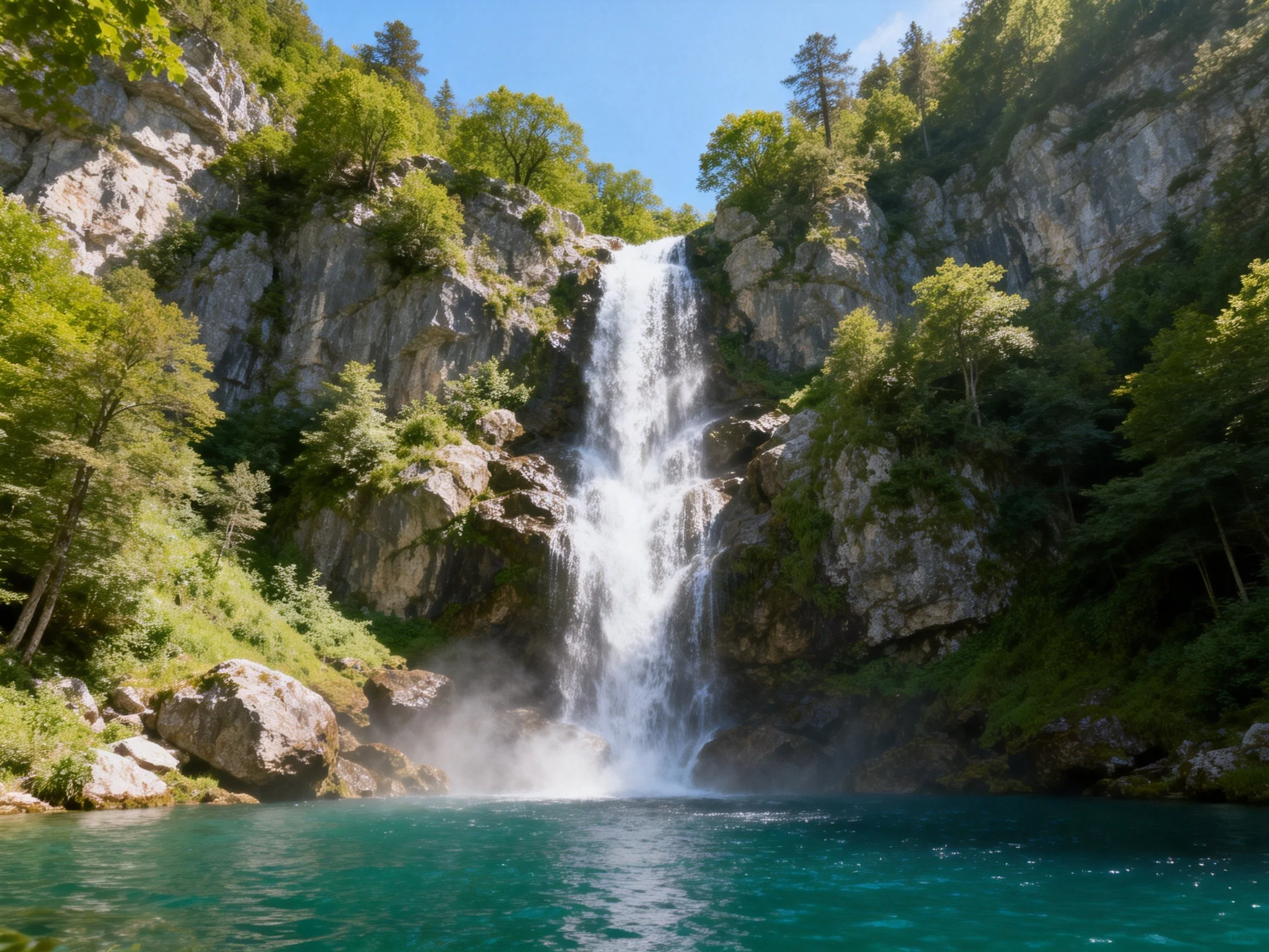 Waterfall cascades over rocky cliffs into turquoise pool