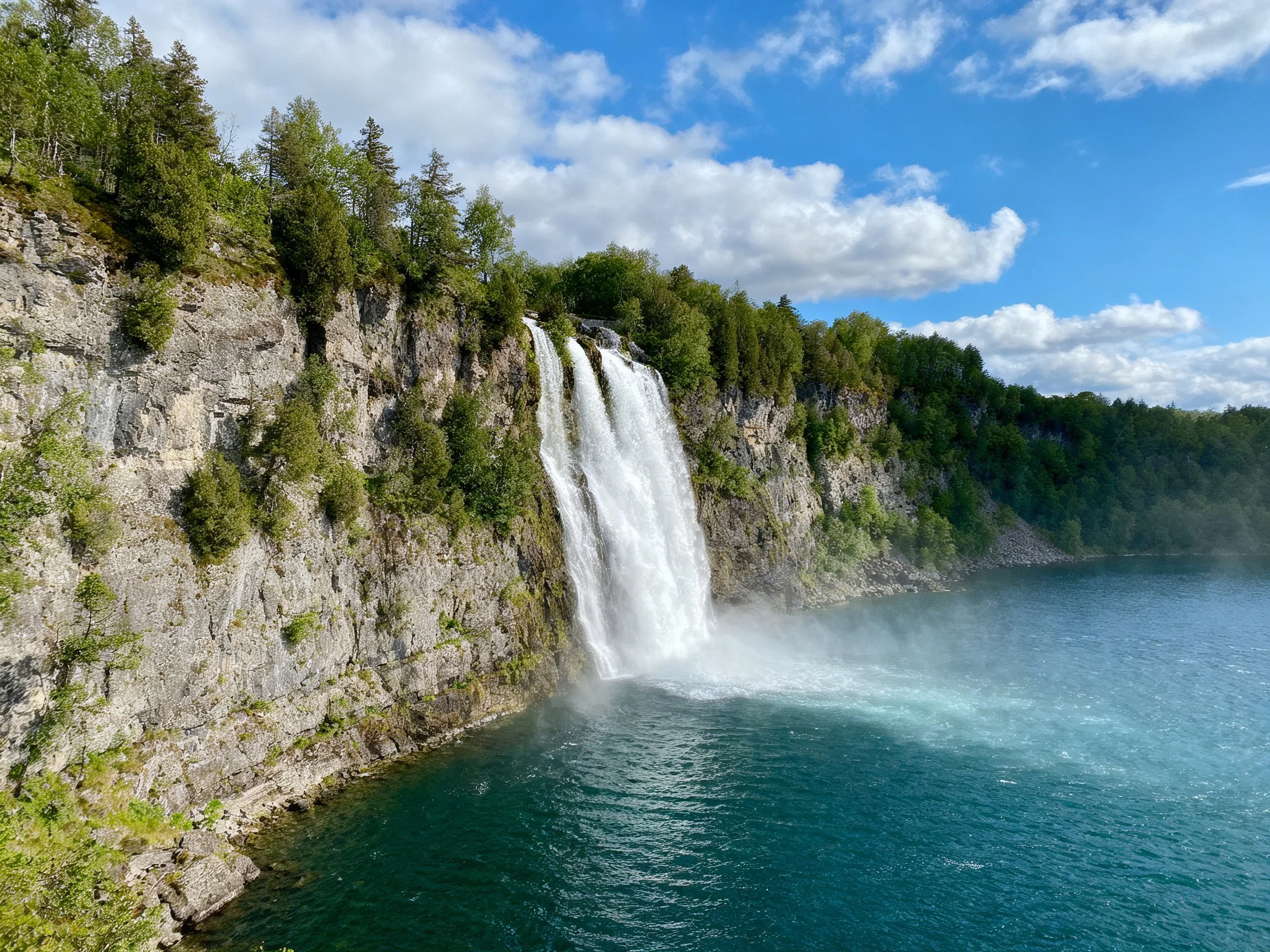 Waterfall drops from rocky cliff into turquoise lake, surrounded by green trees