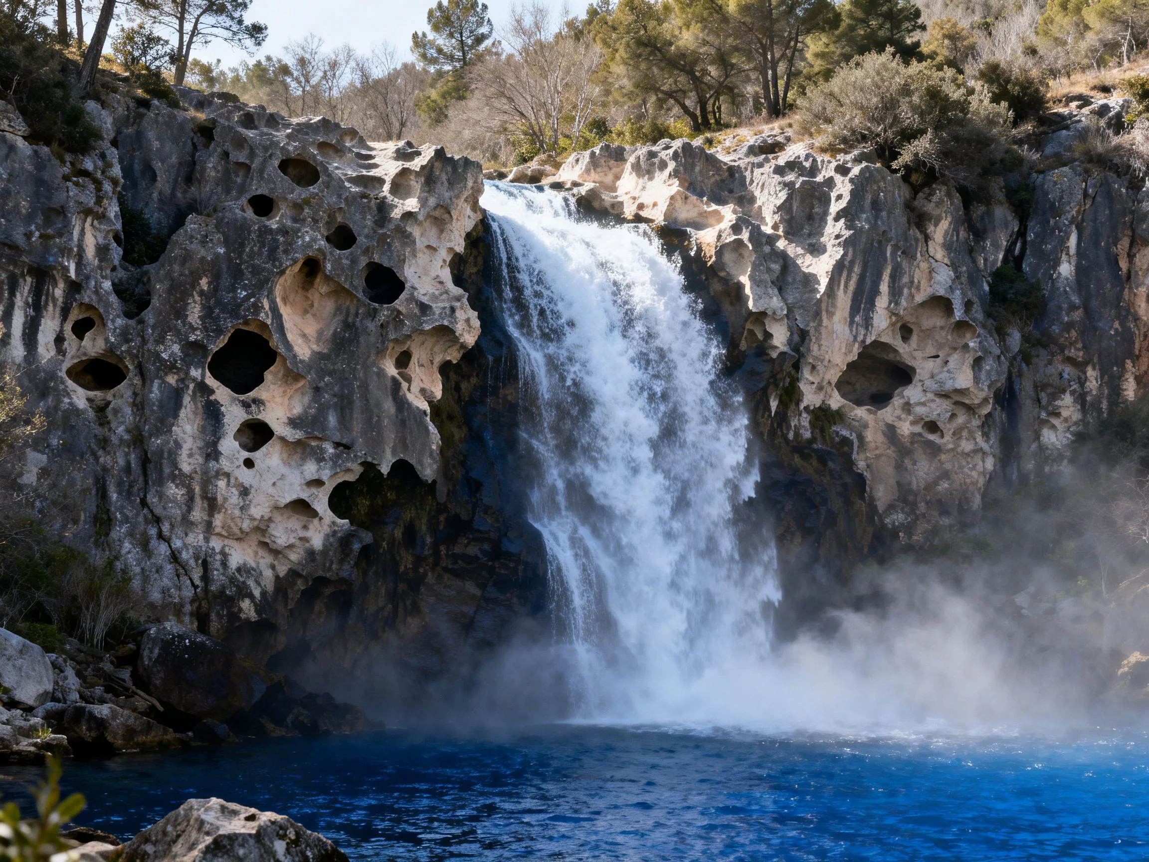 Waterfall over eroded limestone cliffs with blue pool